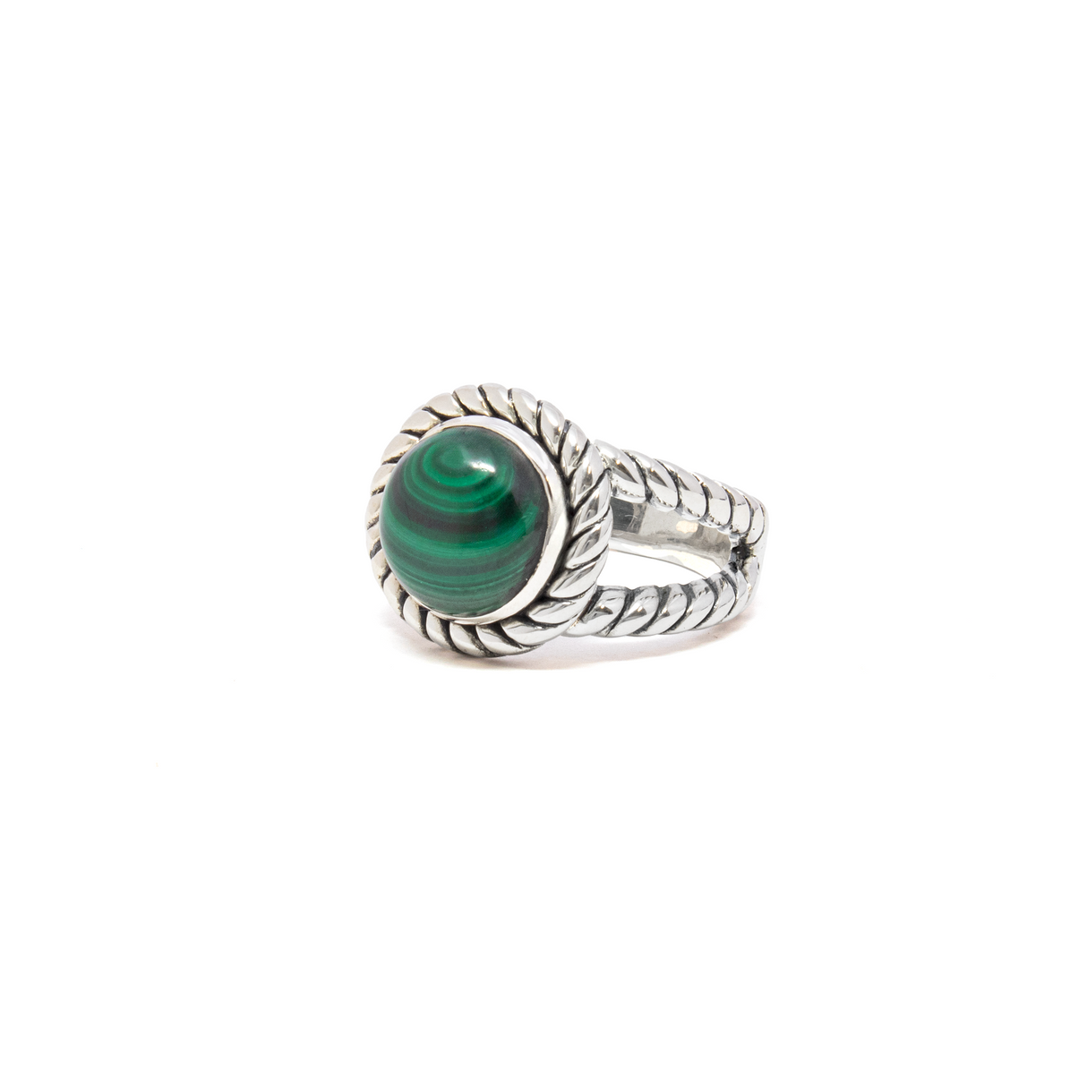 Malachite Ring - Round Cabochon Set on 925 Sterling Silver Bezel with Rope Edge & Double Band sz10