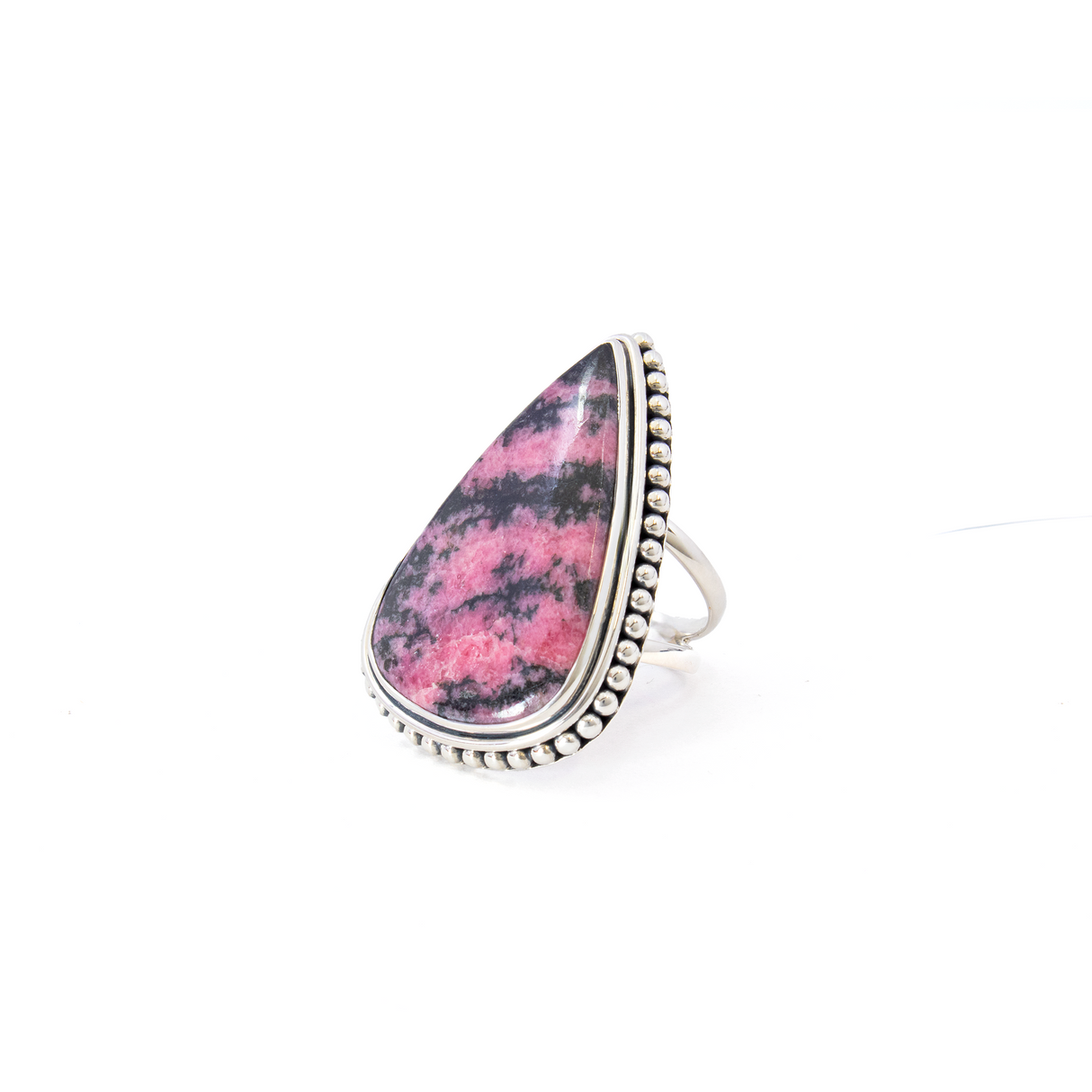 View of Rhodonite Ring - Pear Cabochon with 925 Sterling Silver Bezel & Beaded Edge on Double Band sz10