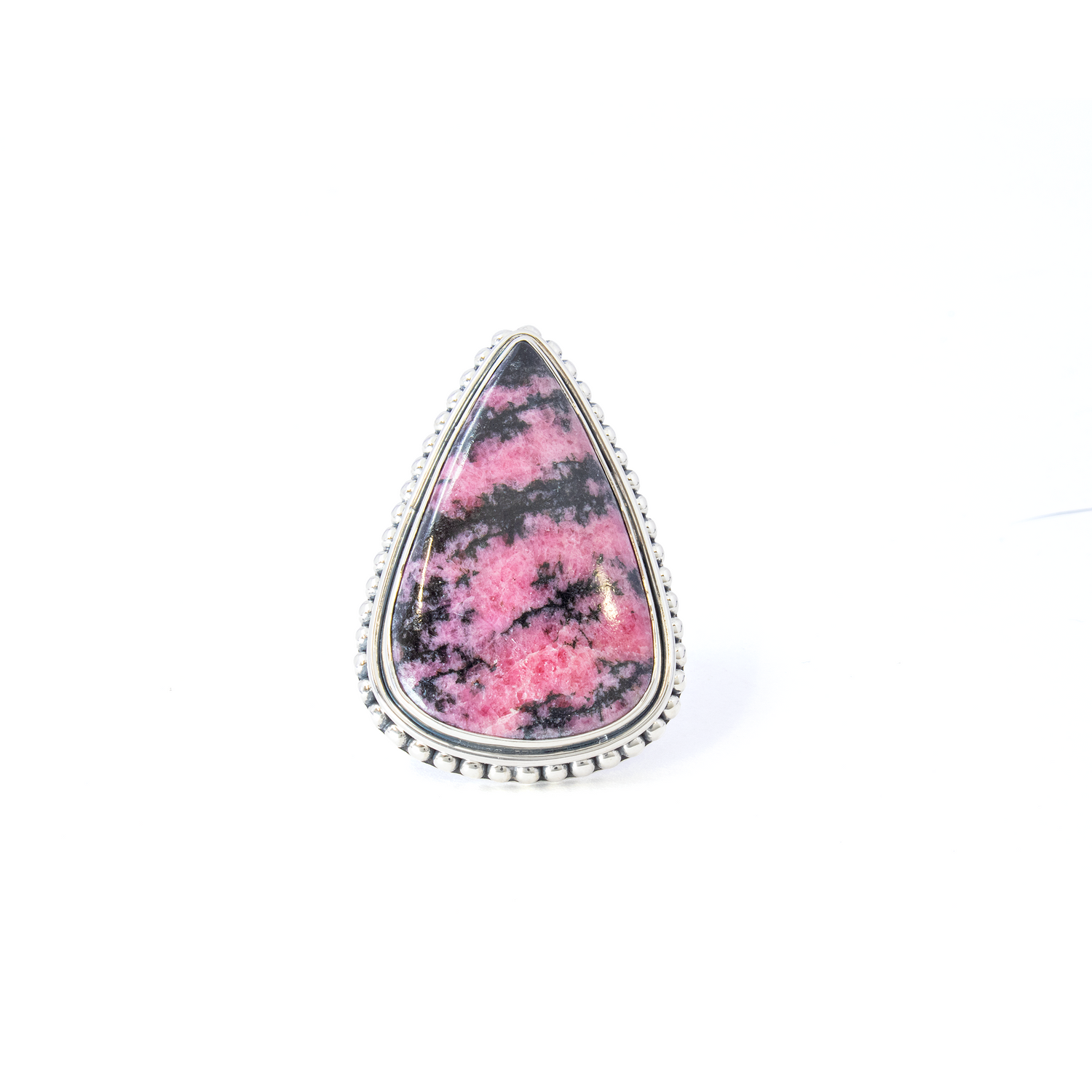 Rhodonite Ring - Pear Cabochon with 925 Sterling Silver Bezel & Beaded Edge on Double Band sz10