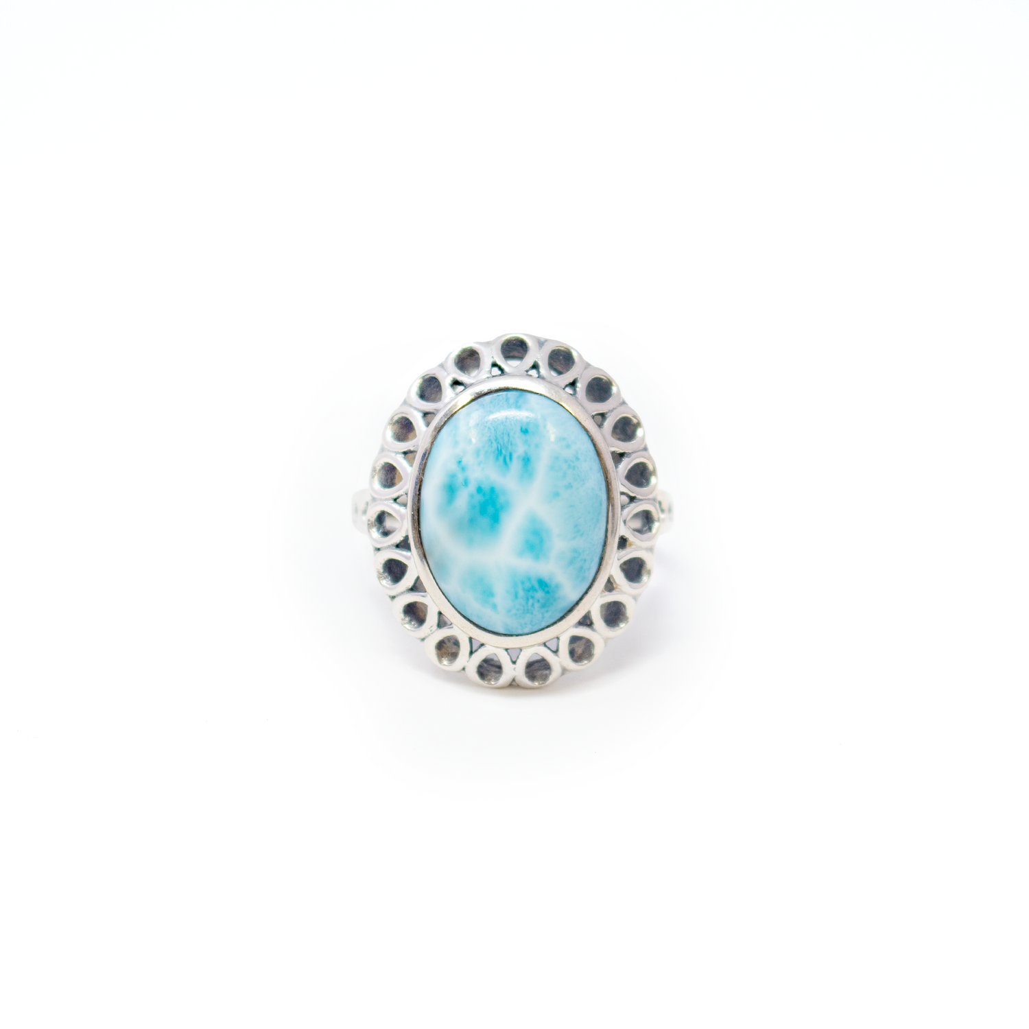 Larimar Ring - Oval Cabochon Set in 925 Sterling Silver Bezel with Pear Cutouts Around Edge & Band Top sz6