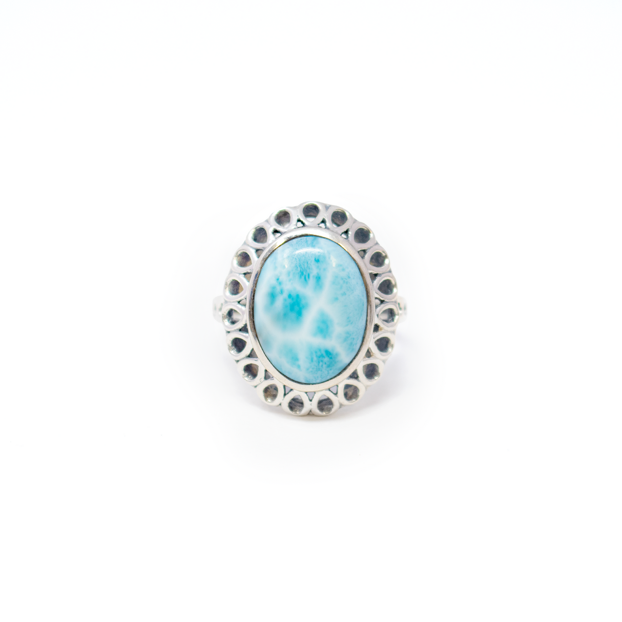 Larimar Ring - Oval Cabochon Set in 925 Sterling Silver Bezel with Pear Cutouts Around Edge & Band Top sz6
