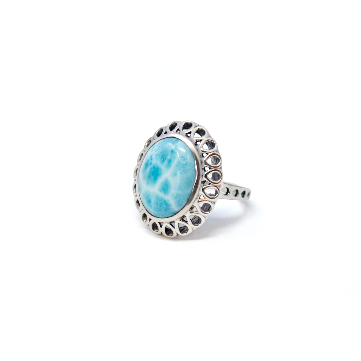 View of Larimar Ring - Oval Cabochon Set in 925 Sterling Silver Bezel with Pear Cutouts Around Edge & Band Top sz6