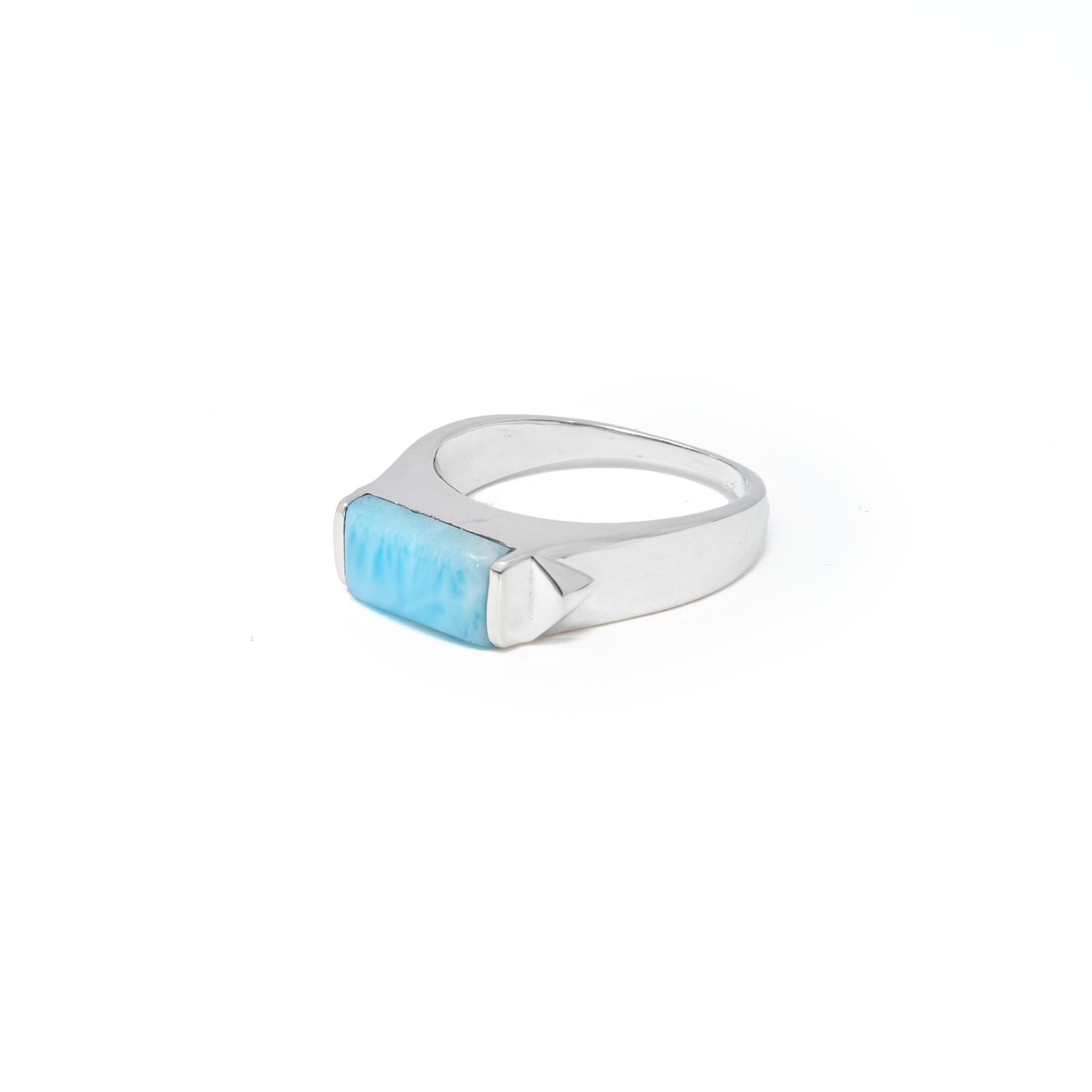 Larimar Ring - Rectangle Cabochon Set in 925 Sterling Silver Signet Band with Triangle Accent sz13