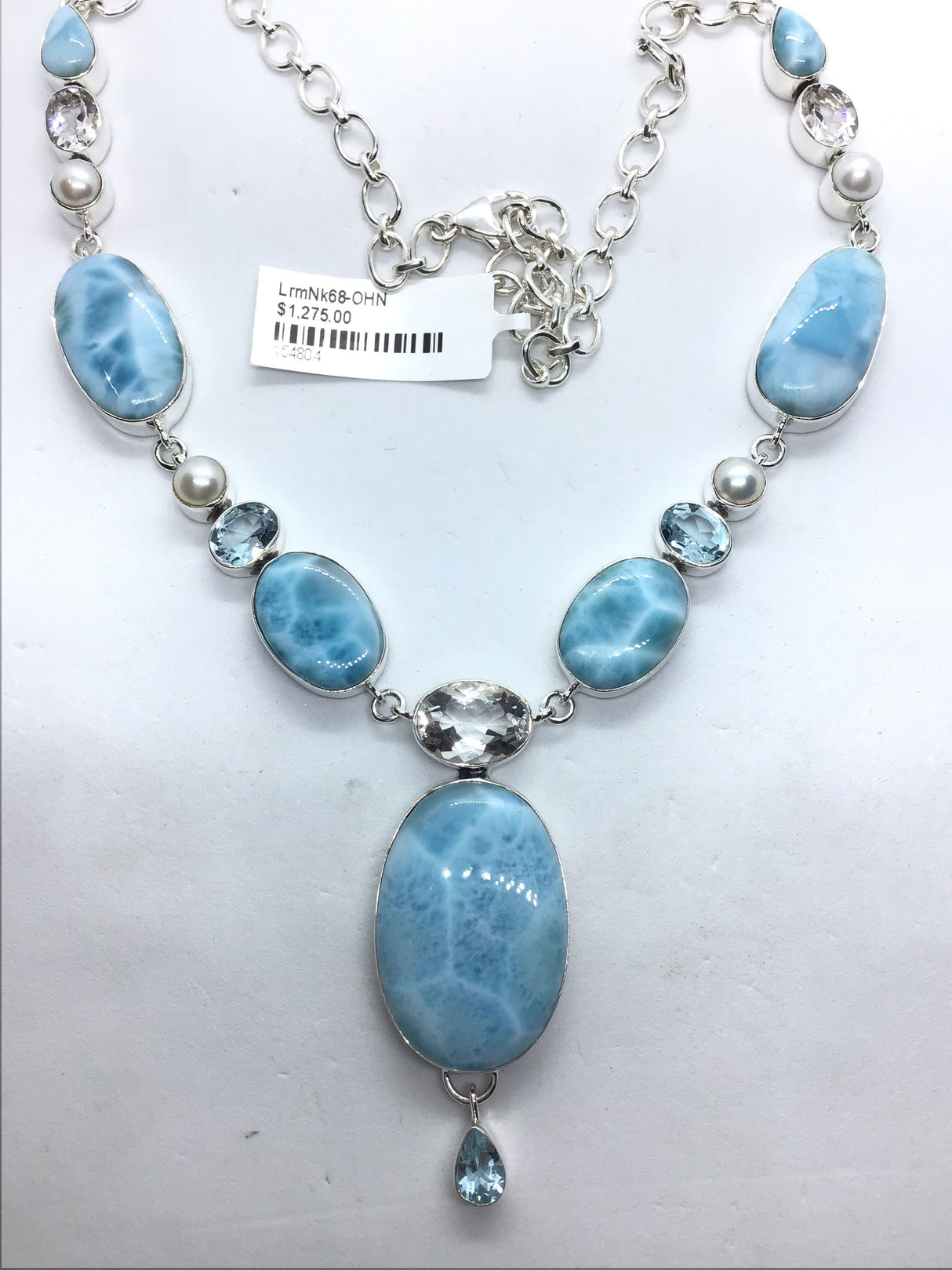 View of Larimar Necklace - 5 Oval Cabochons with Freshwater Pearls with Faceted Quartz & Blue Topaz - Set in 925 Sterling Silver Bezels