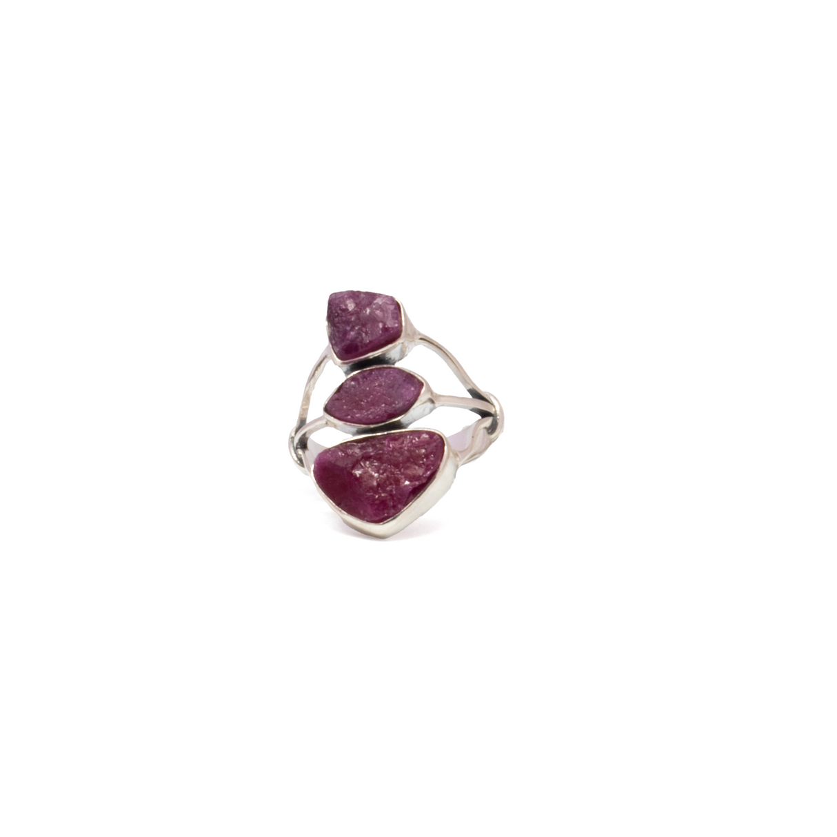 Ruby Ring - Rough Geometric Trio with 925 Sterling Silver Bezels Set on Open Tri-Top Band sz9