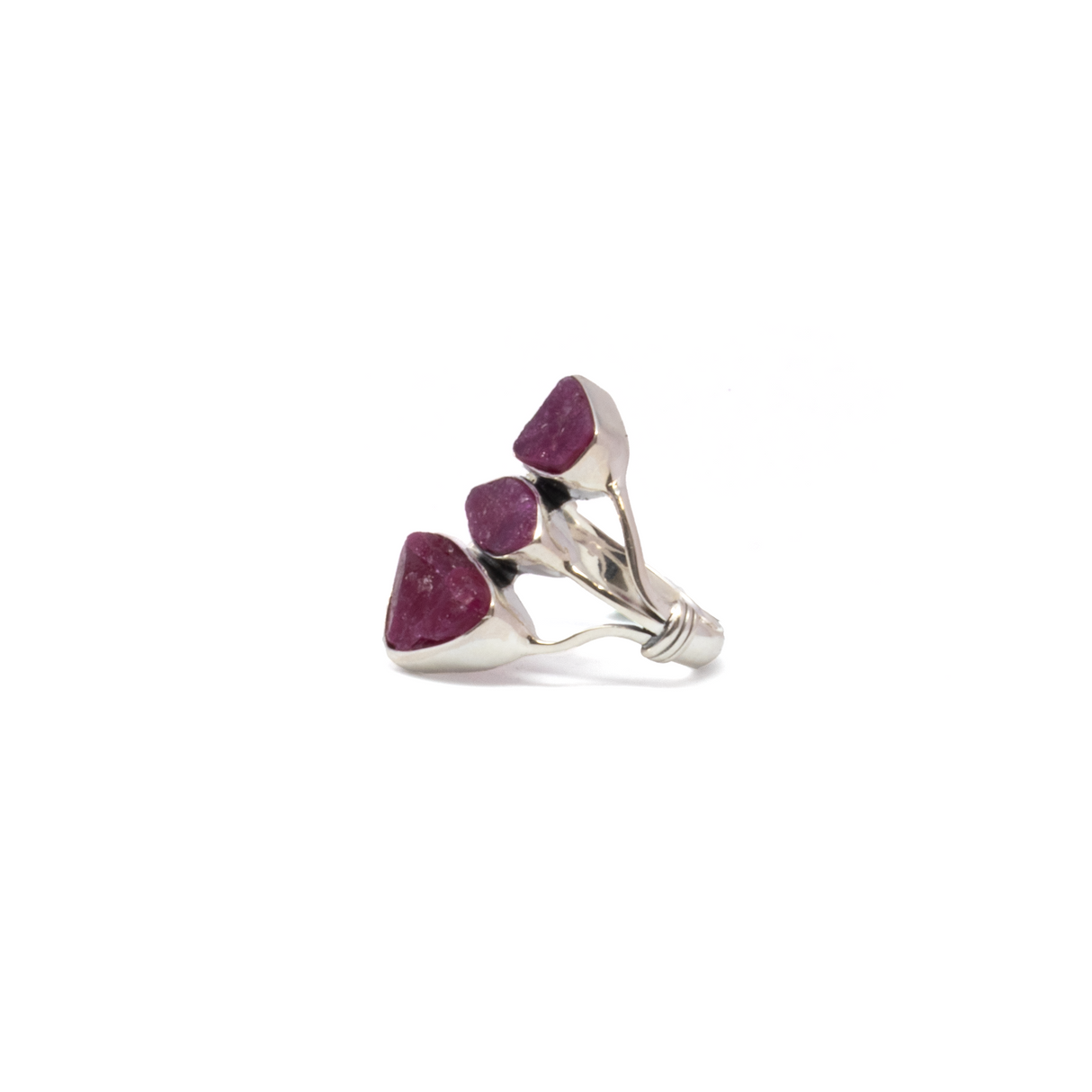View of Ruby Ring - Rough Geometric Trio with 925 Sterling Silver Bezels Set on Open Tri-Top Band sz9