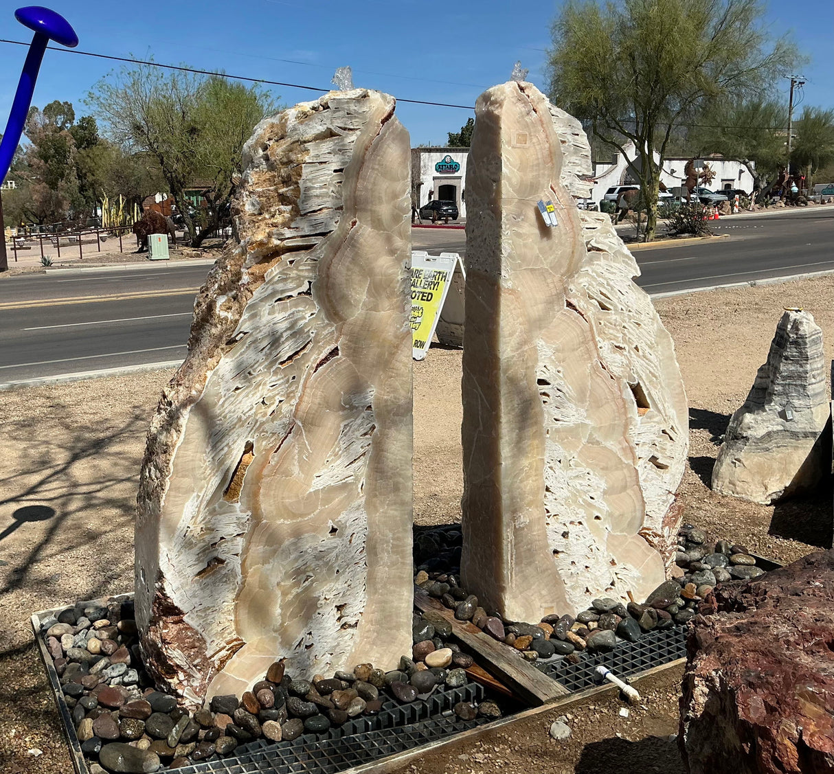 View of Meil Onyx Fountain PAIR with 3 Cut Sides and White Fossil Rustic Edge