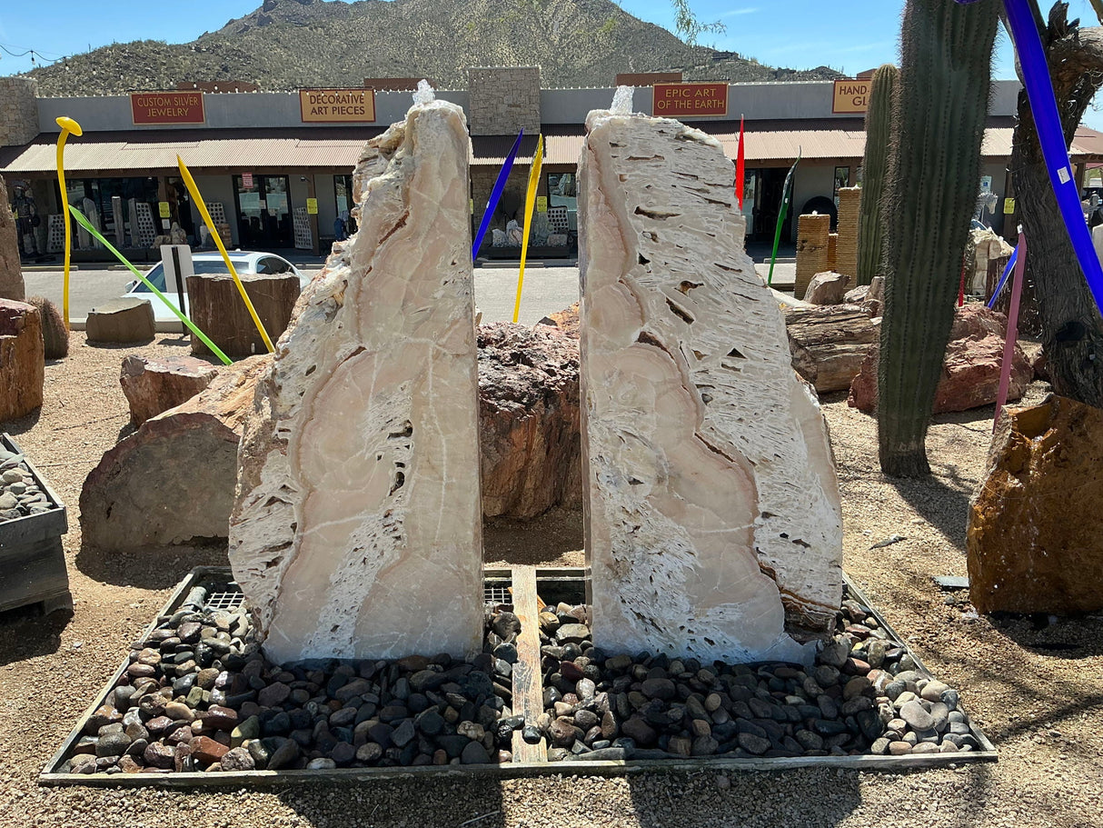 Meil Onyx Fountain PAIR with 3 Cut Sides and White Fossil Rustic Edge