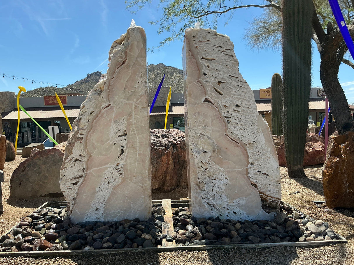 Meil Onyx Fountain PAIR with 3 Cut Sides and White Fossil Rustic Edge