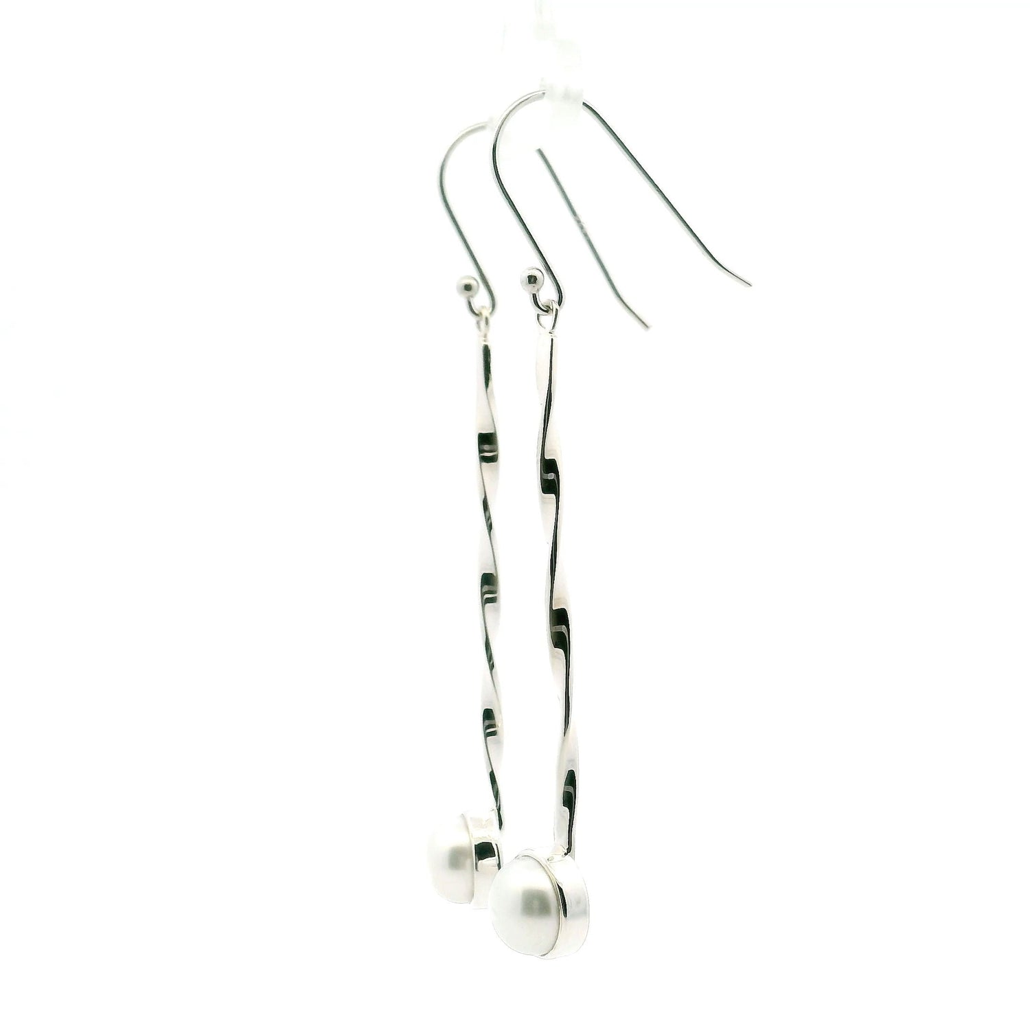 Freshwater Pearl Dangle Earrings - Round Pearl Bezel Set in 925 Sterling Silver at End of 2" Silver Twisted Rod