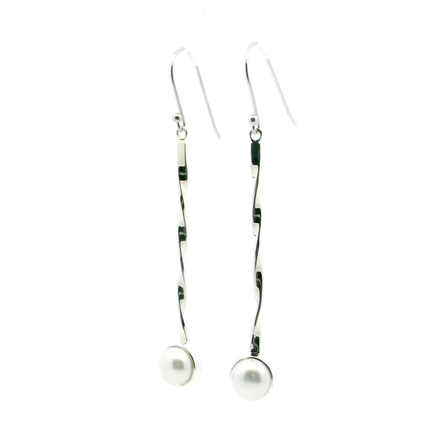 View of Freshwater Pearl Dangle Earrings - Round Pearl Bezel Set in 925 Sterling Silver at End of 2\" Silver Twisted Rod