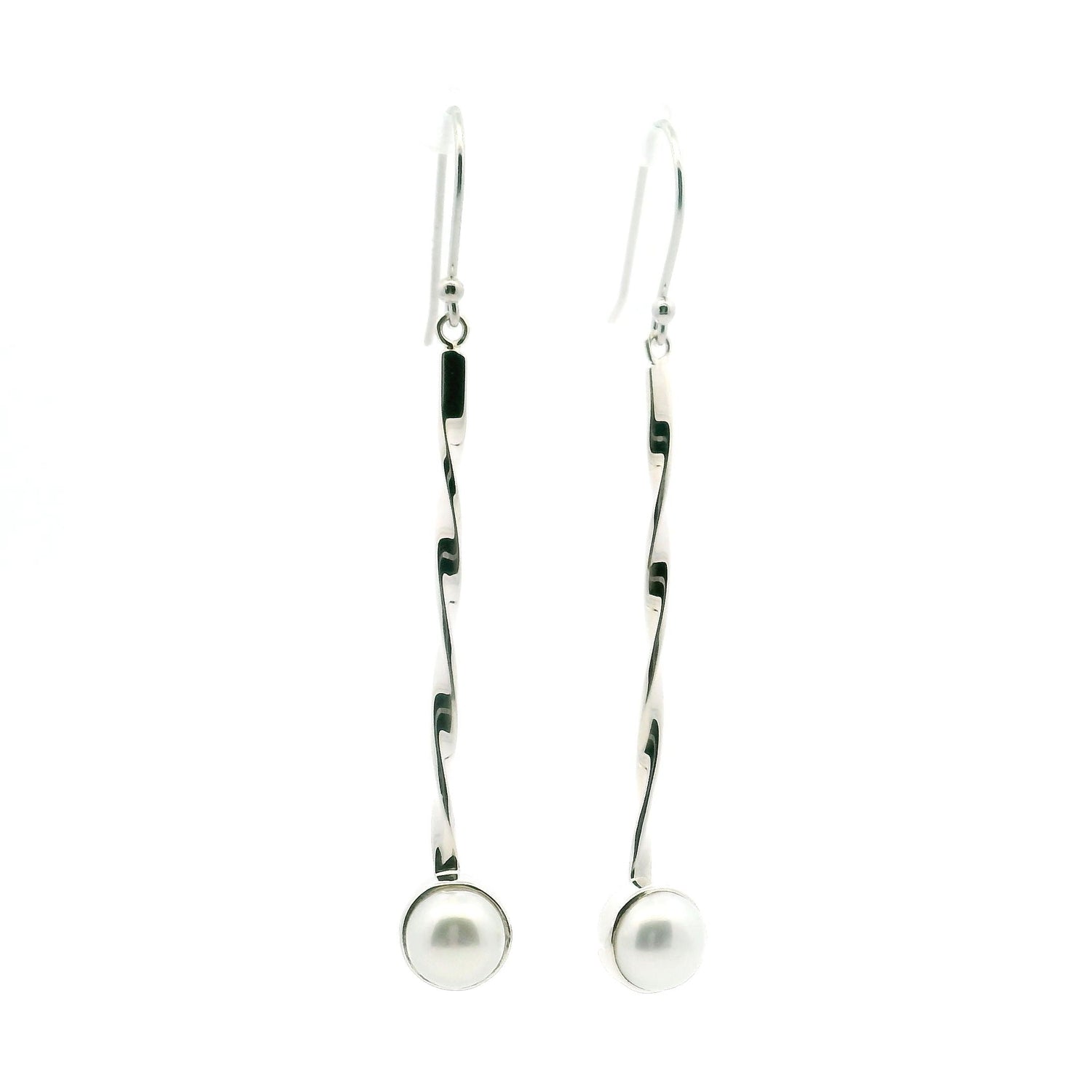 Freshwater Pearl Dangle Earrings - Round Pearl Bezel Set in 925 Sterling Silver at End of 2" Silver Twisted Rod