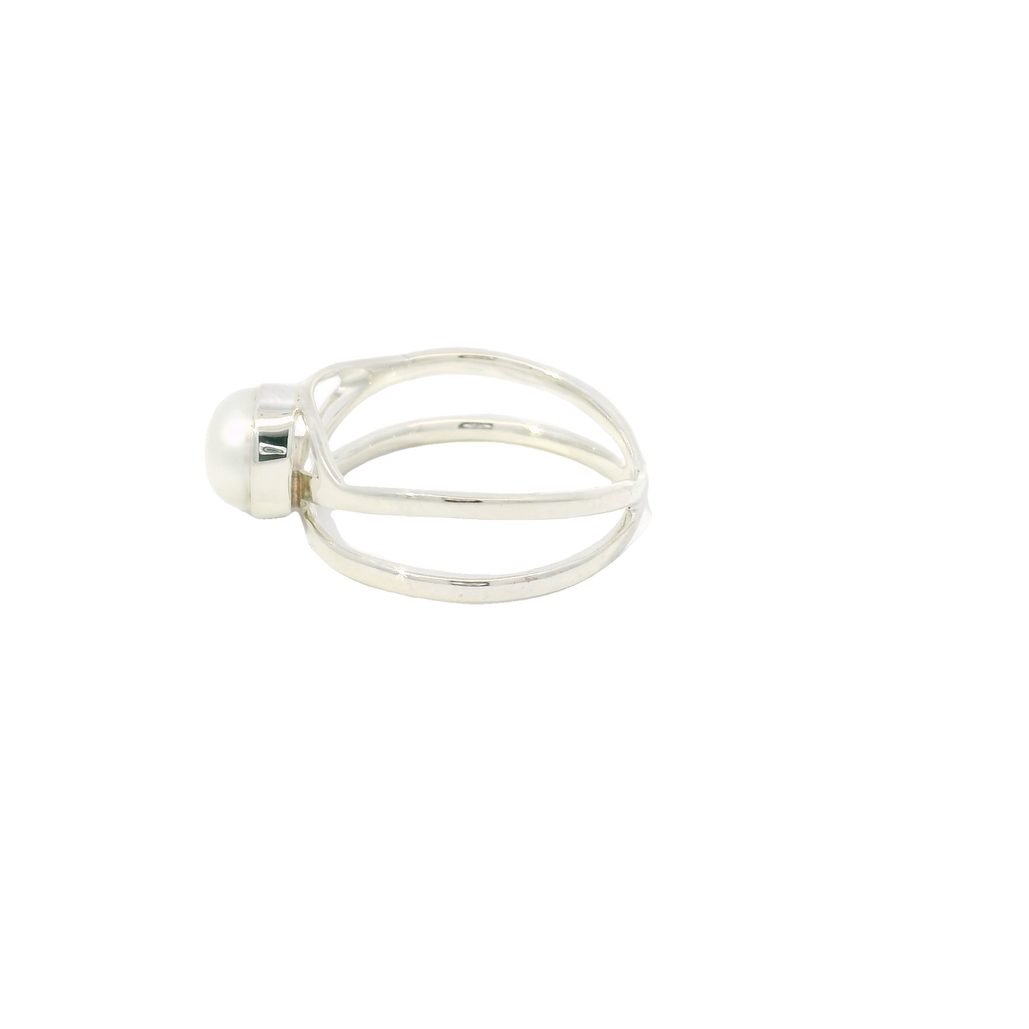 Freshwater Pearl Ring - Round Pearl Bezel Set in 925 Sterling Silver on Open Double Band sz7.5