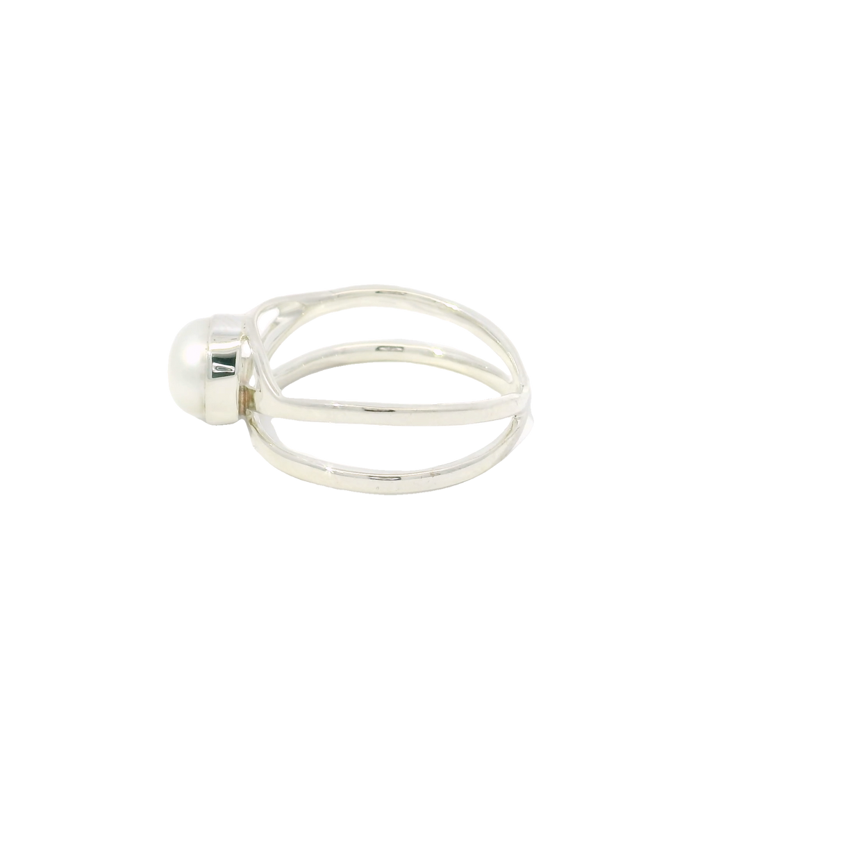 Freshwater Pearl Ring - Round Pearl Bezel Set in 925 Sterling Silver on Open Double Band sz7.5