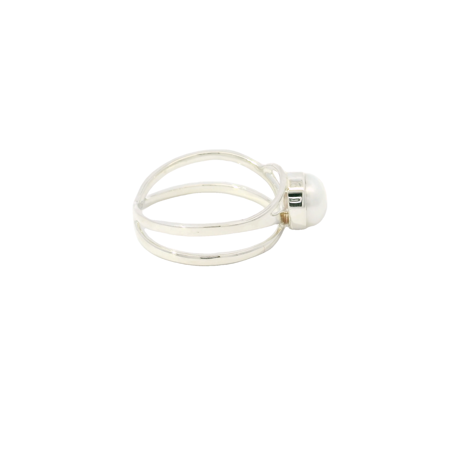 Freshwater Pearl Ring - Round Pearl Bezel Set in 925 Sterling Silver on Open Double Band sz7.5