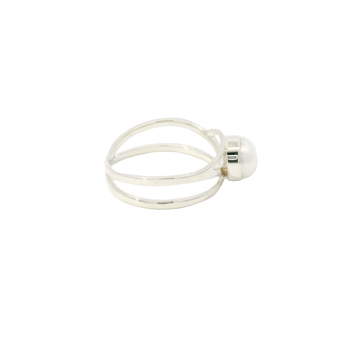 Freshwater Pearl Ring - Round Pearl Bezel Set in 925 Sterling Silver on Open Double Band sz7.5