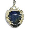 View of Labradorite Pendant - Blue with Yellow Flash Cabochon Bezel Set in 925 Sterling Silver Sandblasted Heart Setting with Gold Plating & Faceted Moonstones Above