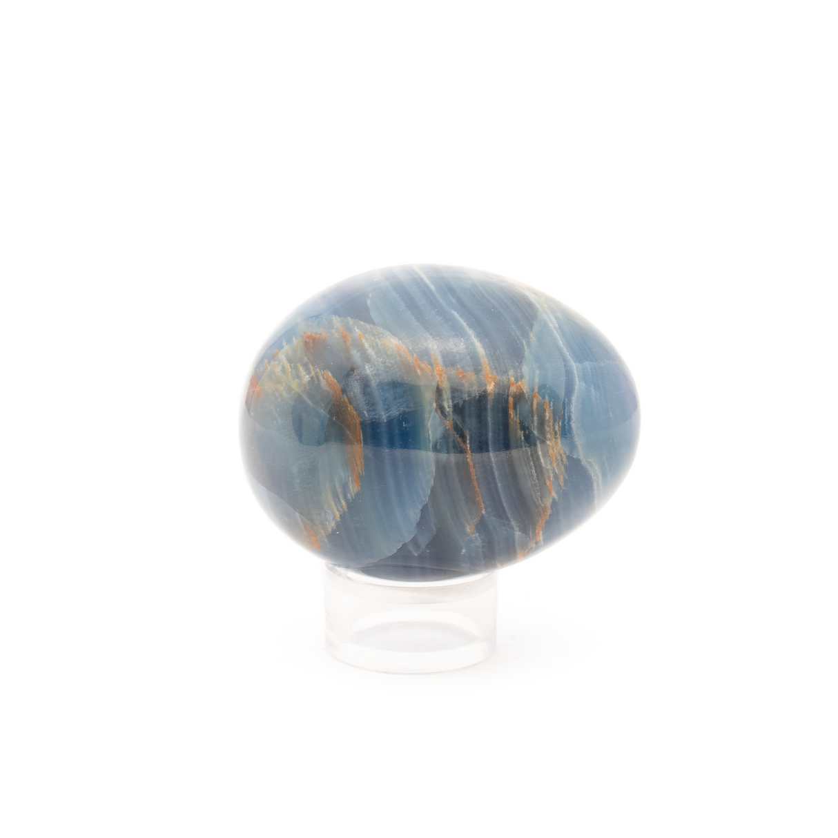 View of A+ Argentinian Blue Calcite Egg with Lucite Ring Stand