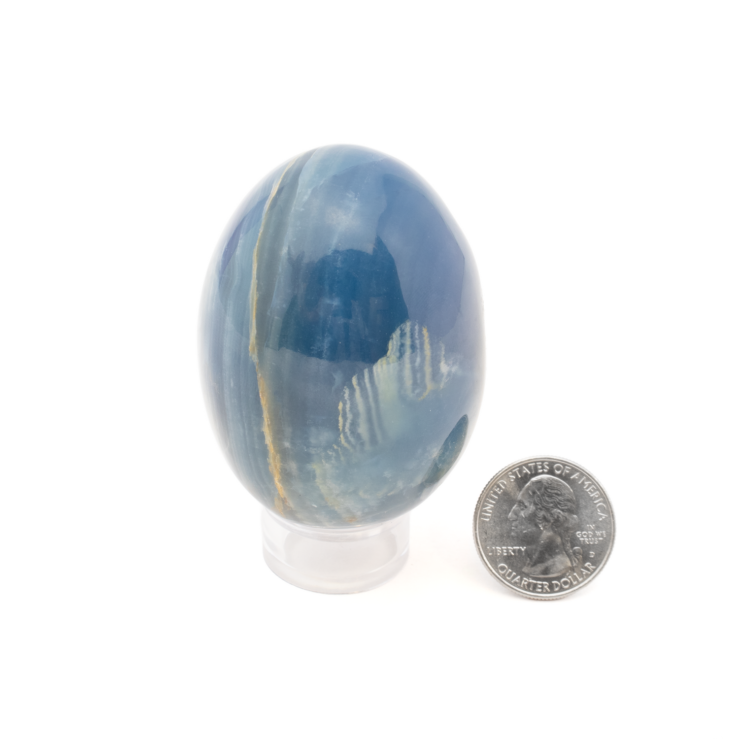 View of A+ Argentinian Blue Calcite Egg with Lucite Ring Stand