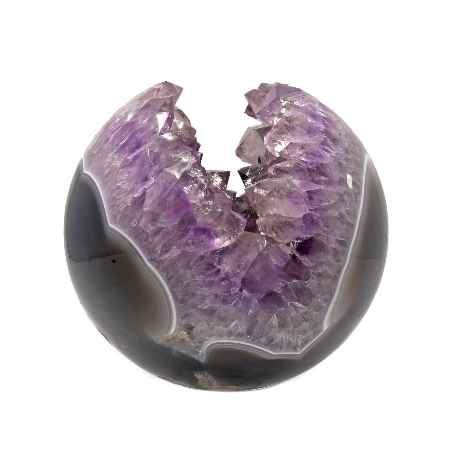 Amethyst Geode Sphere with Crystal Crevasse & Deep Blue Agate on Lucite Ring Stand