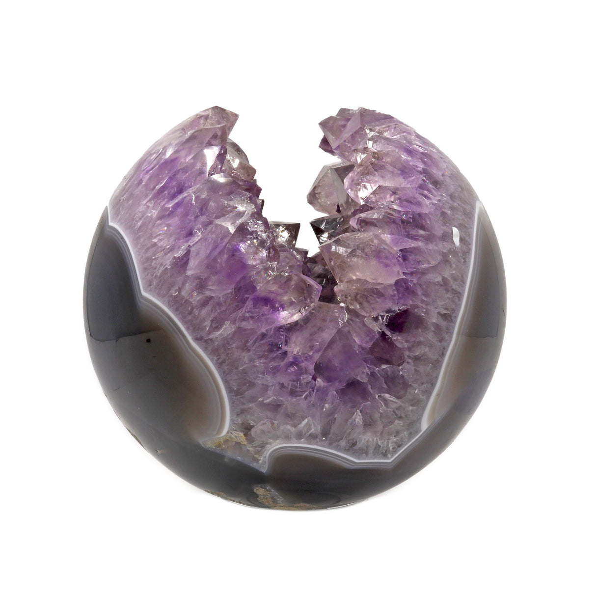 Amethyst Geode Sphere with Crystal Crevasse & Deep Blue Agate on Lucite Ring Stand