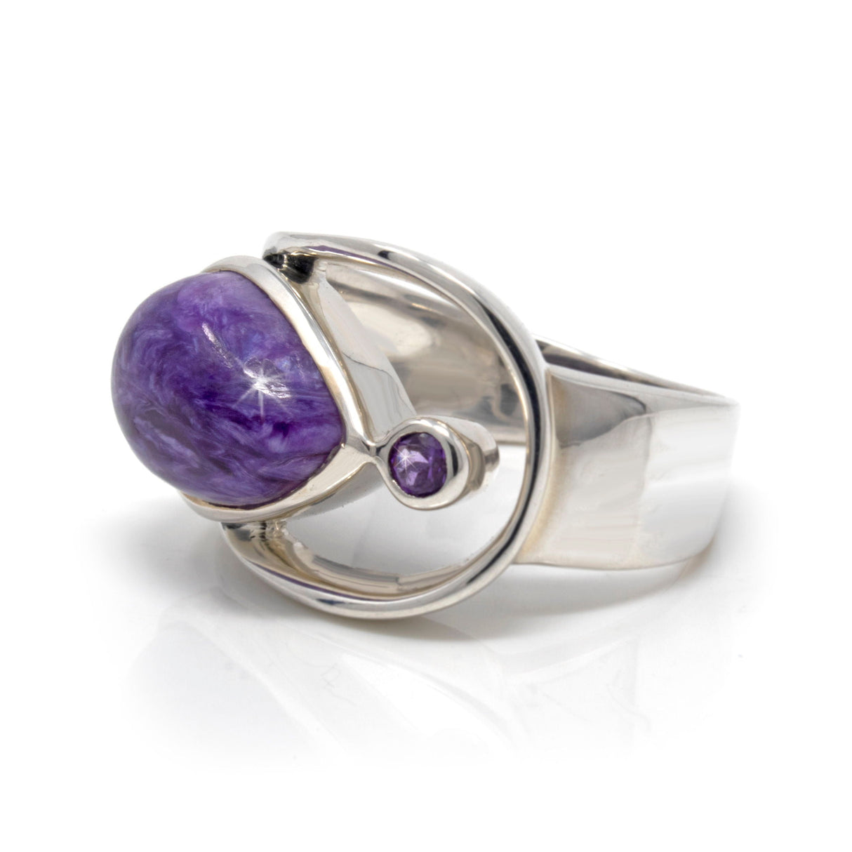 Charoite Ring Size 9 - Pear Cabochon with Faceted Amethyst Round & Silver Bezels Set on Open Band Top