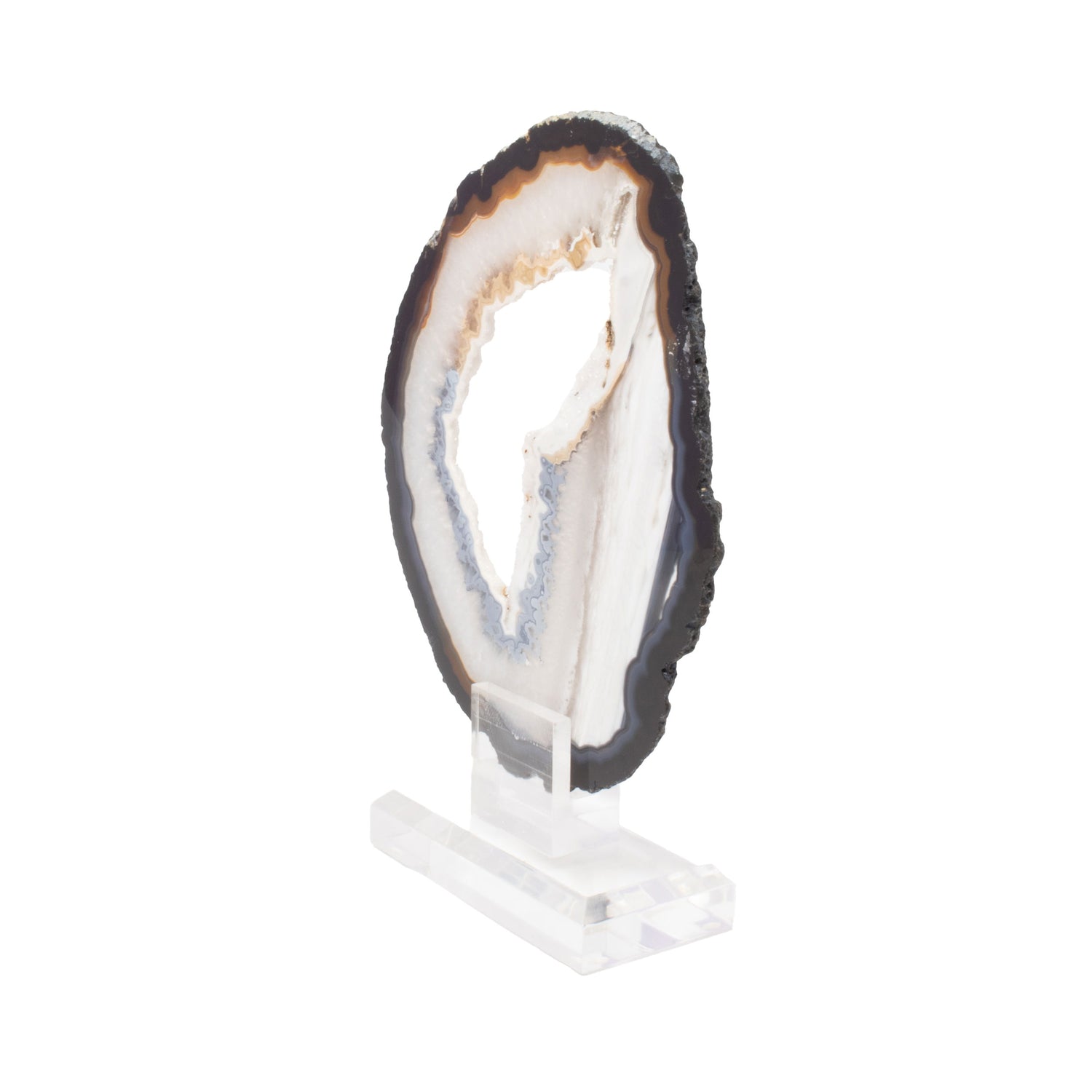 Agate Druze Slice on Acrylic Screw Stand - Dark Edge Layer with Fine Tubular Pattern in Dual Blue & Café