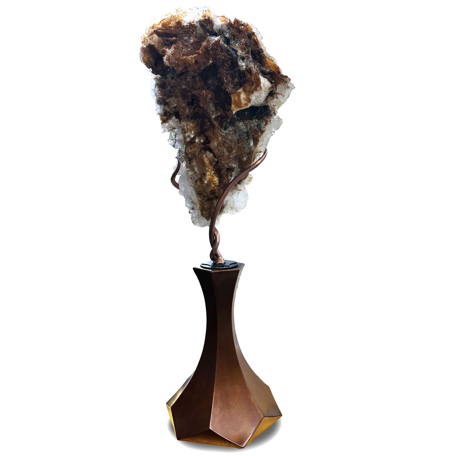 Brazilian Tourmalated Quartz Cluster with Citrine Druze Back on Custom Vine Rotating Hexagonal Tapered Base