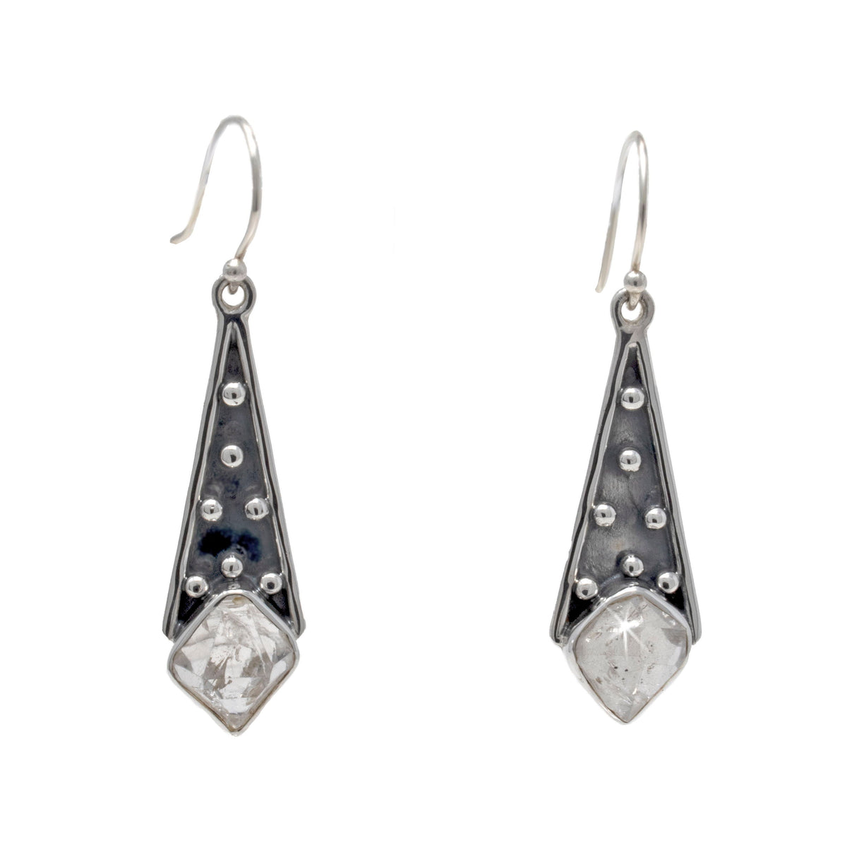 Herkimer Diamond Dangle Earrings - Natural Point Set on Elongated Silver Triangle with Beaded Detail