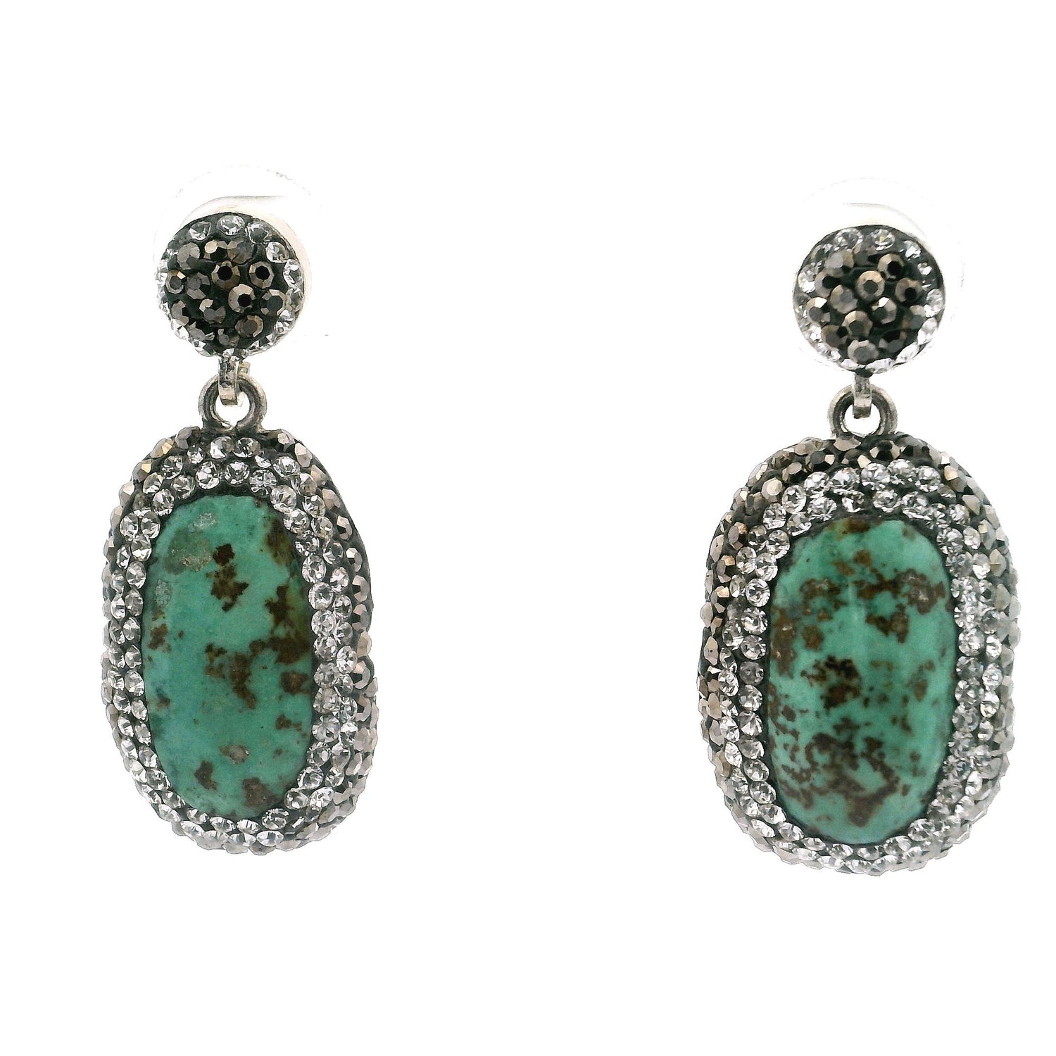 Persian Turquoise Dangle Earrings - Elongated Green Oval with Rows of Silver Swarovski Crystals & Marcasite Hanging from Round in 925 Sterling Silver