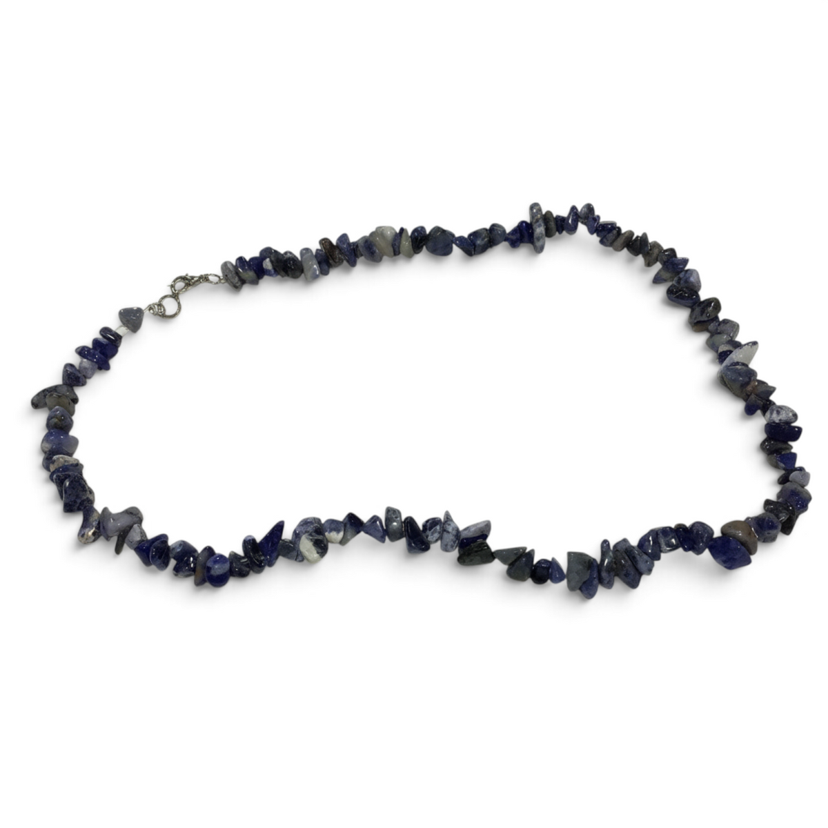 Rare Earth Gallery sodalite chip necklace featuring polished blue and white stone fragments on a silver-tone clasp.