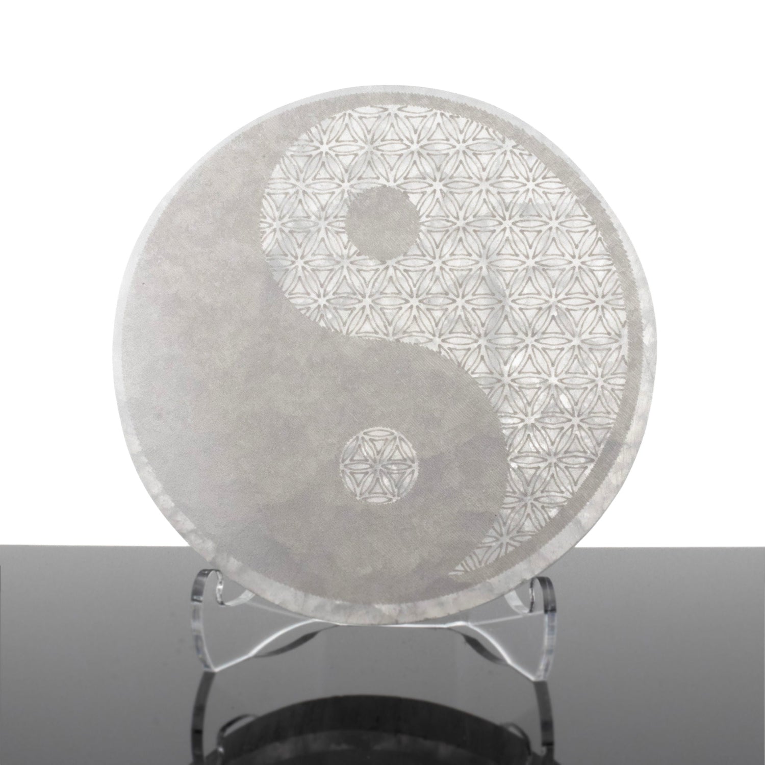 Engraved Selenite Disc - Yin Yang with Flower Of Life from Morocco - Sacred Geometry