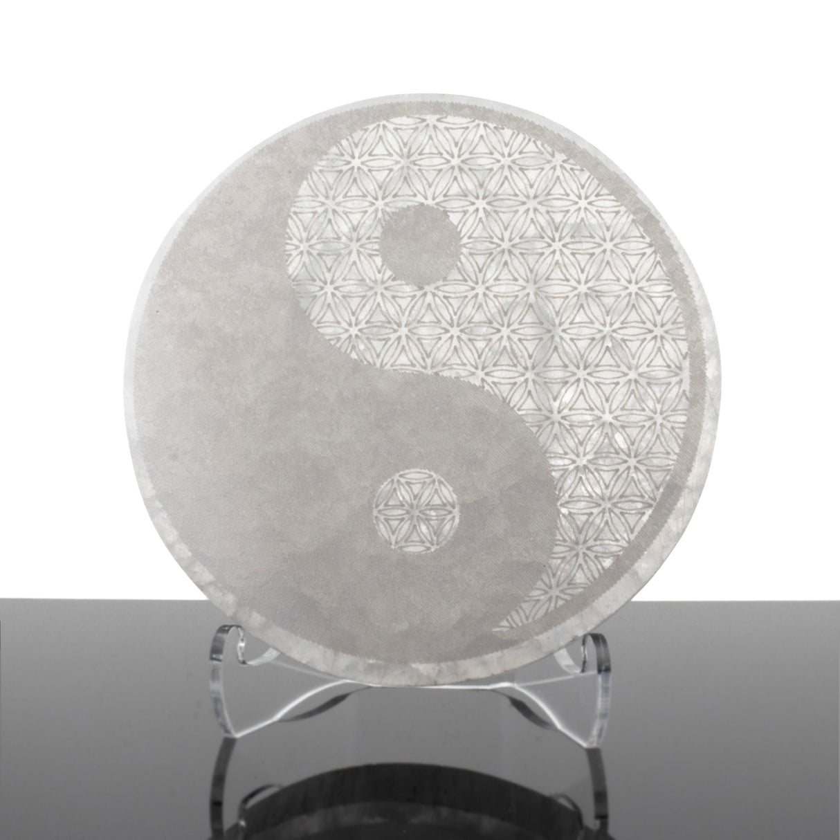 Engraved Selenite Disc - Yin Yang with Flower Of Life from Morocco - Sacred Geometry