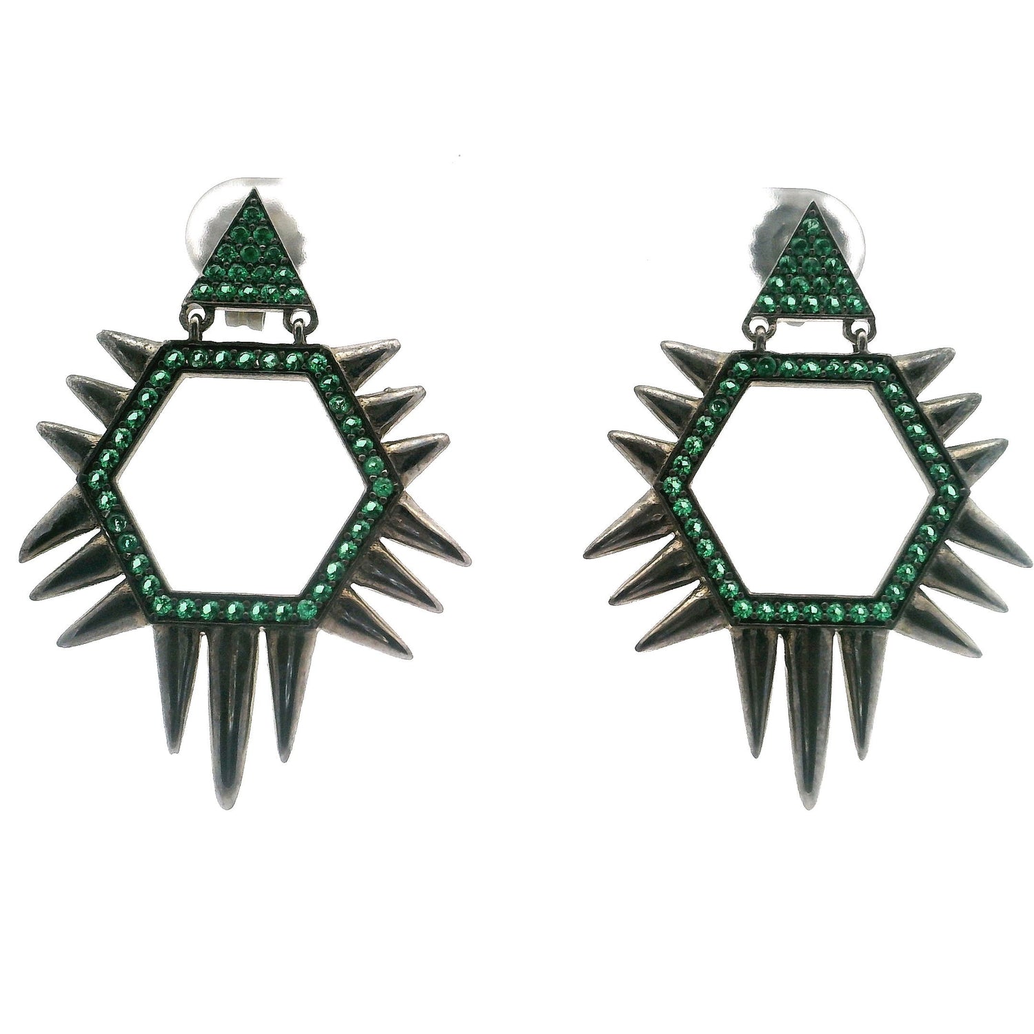 Nano Stone Dangle Earrings - Green Triangle & Hexagon with Spiky Edges & Dark Overlay over 925 Sterling Silver