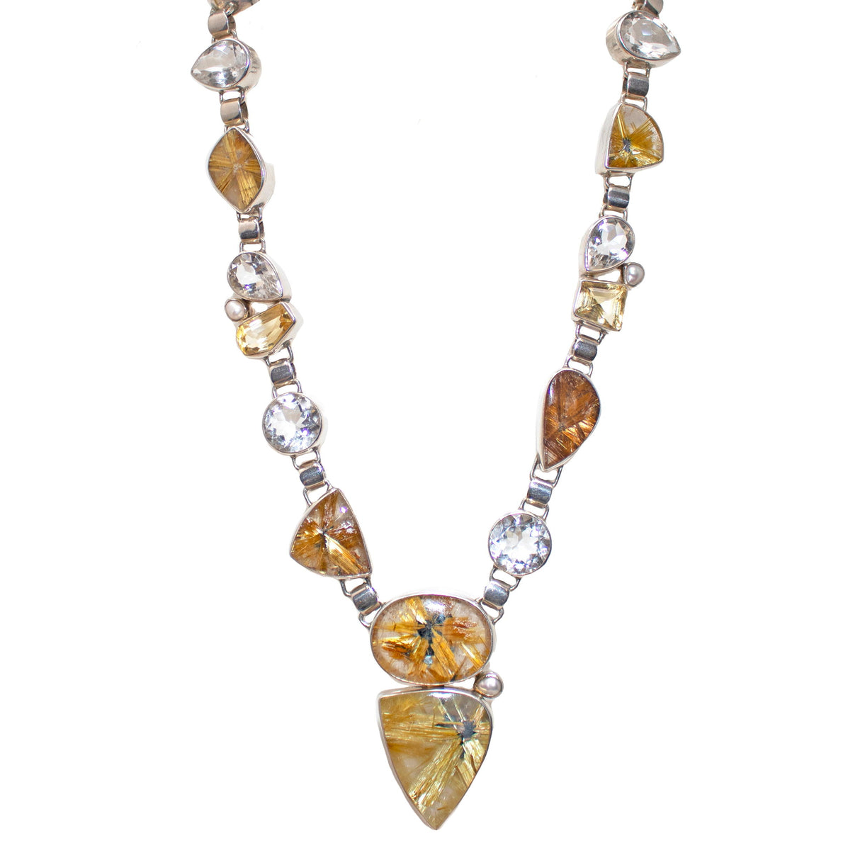 A+ Golden Rutile Quartz Necklace with Bezel Set Faceted Quartz & Freshwater Pearl - Toggle Clasp in 925 Sterling Silver