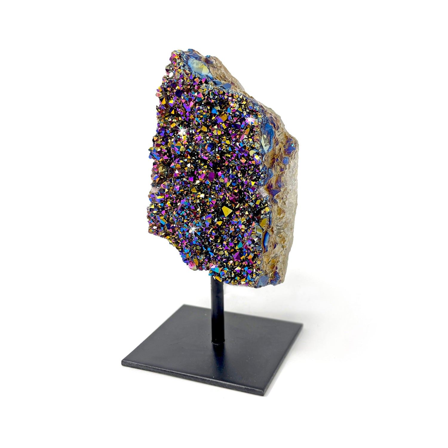 Rainbow Aura Coated Crystal Cluster on aPost Stand - Rectangular Druzy Shape