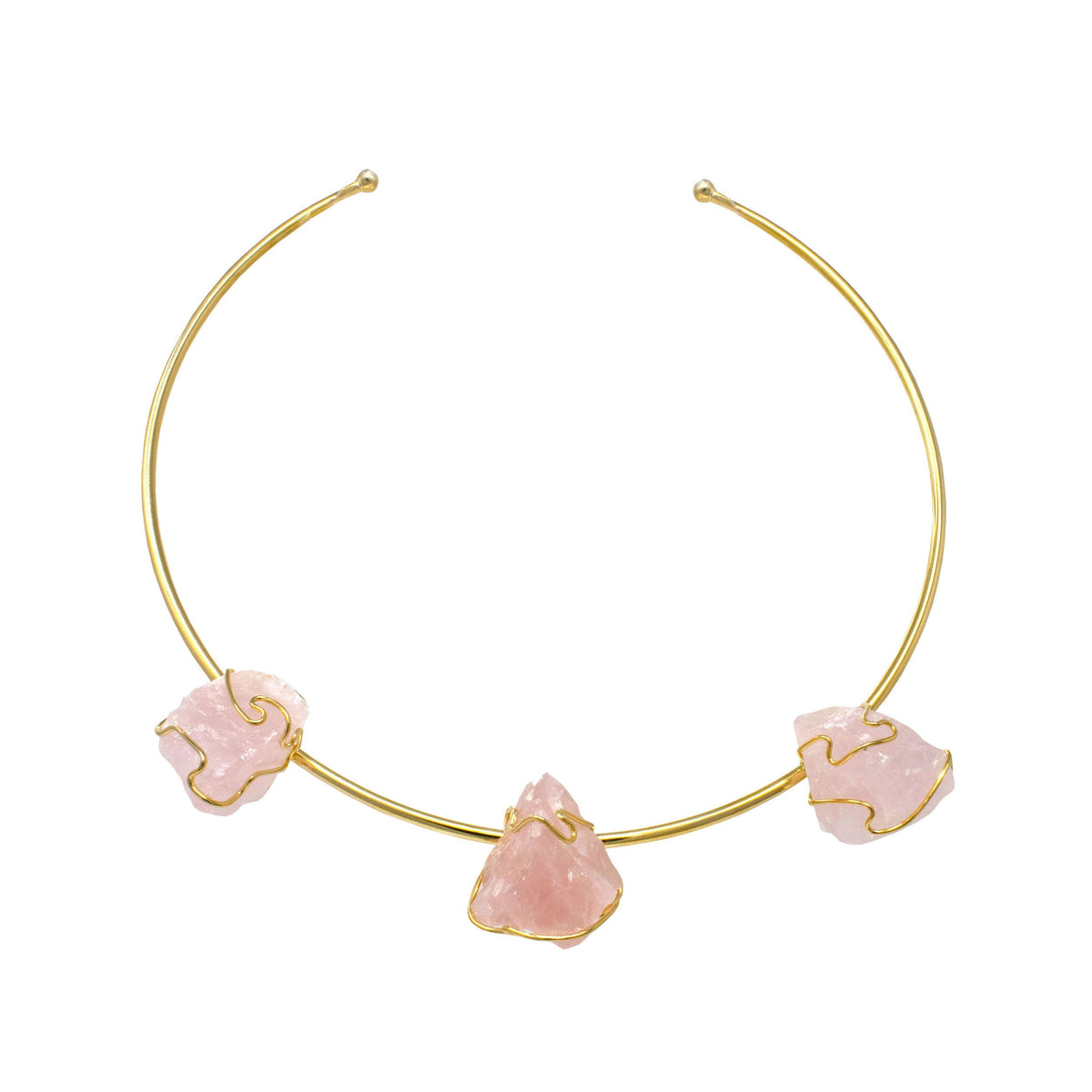Rose quartz gold collar necklace, three unpolished pink stones wire-wrapped, front view on white