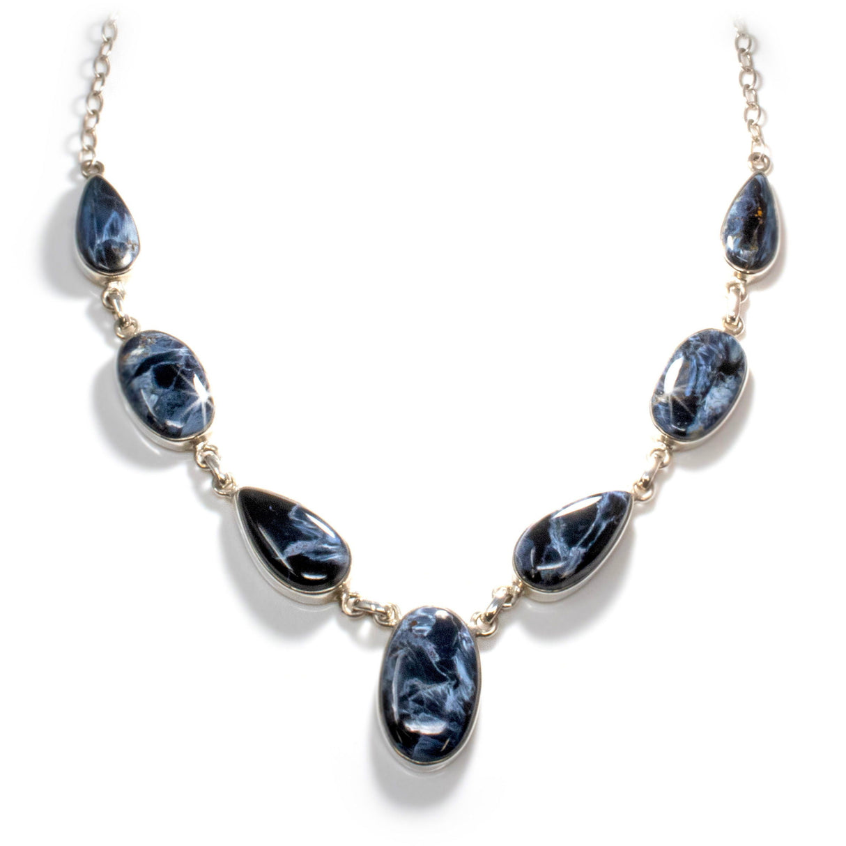 Pietersite Necklace - Oval & Pear Cabochons with Silver Bezels with Half-Rounded Box Chain Links
