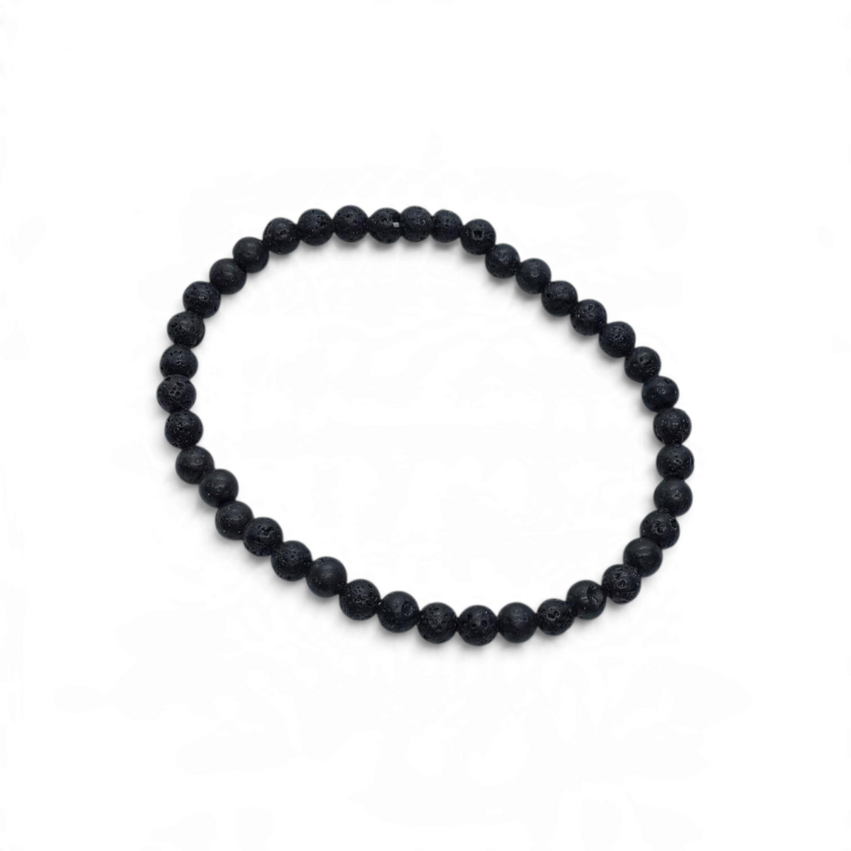 Rare Earth Gallery 4mm black lava stone bead bracelet with a textured, porous finish on a white background.