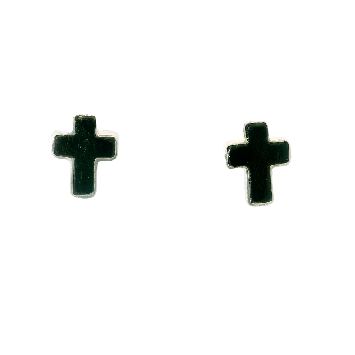 View of Black Tourmaline Cross Earrings - Bezel Set in Simple 925 Sterling Silver
