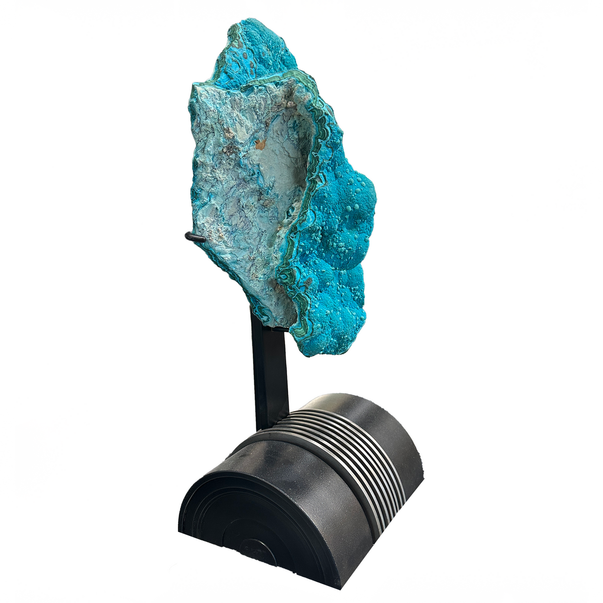 A+ Chrysocolla Druze Specimen in Custom Stand - Freeform with Extra Fine Druze and Chatoyant Malachite in Banding cradled in Half Barrel Design Stand with 2-Tone Patina Finish
