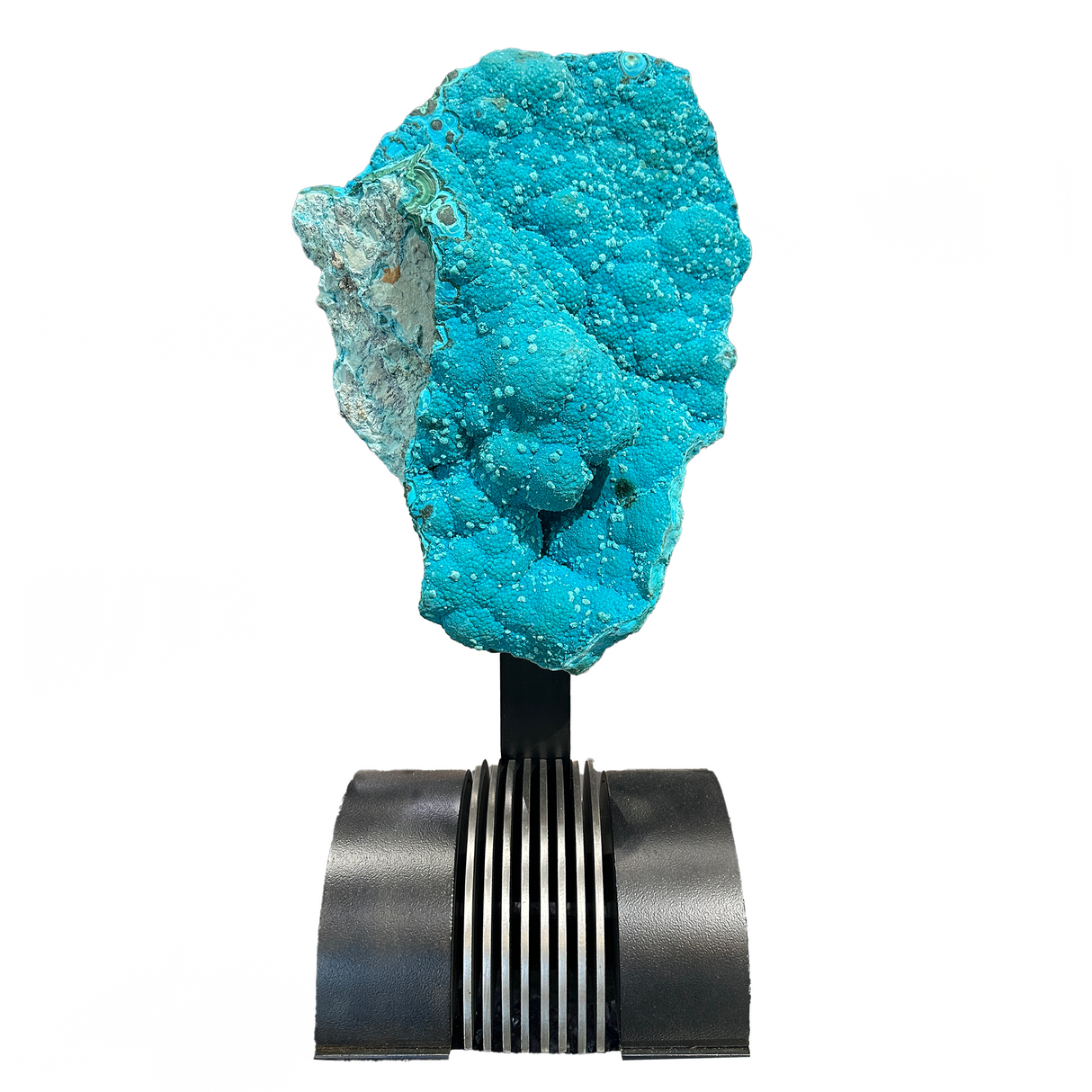 View of A+ Chrysocolla Druze Specimen in Custom Stand - Freeform with Extra Fine Druze and Chatoyant Malachite in Banding cradled in Half Barrel Design Stand with 2-Tone Patina Finish