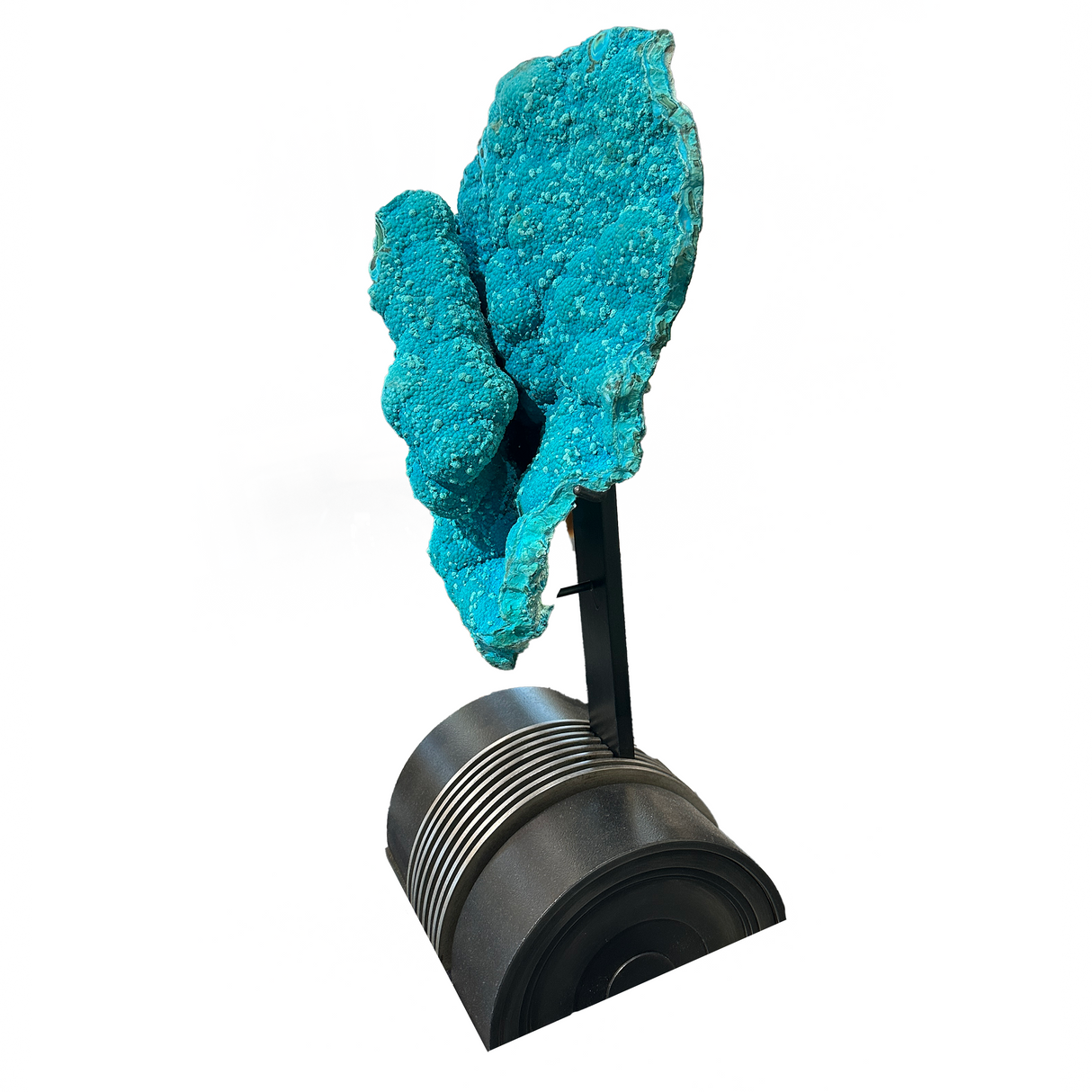 A+ Chrysocolla Druze Specimen in Custom Stand - Freeform with Extra Fine Druze and Chatoyant Malachite in Banding cradled in Half Barrel Design Stand with 2-Tone Patina Finish