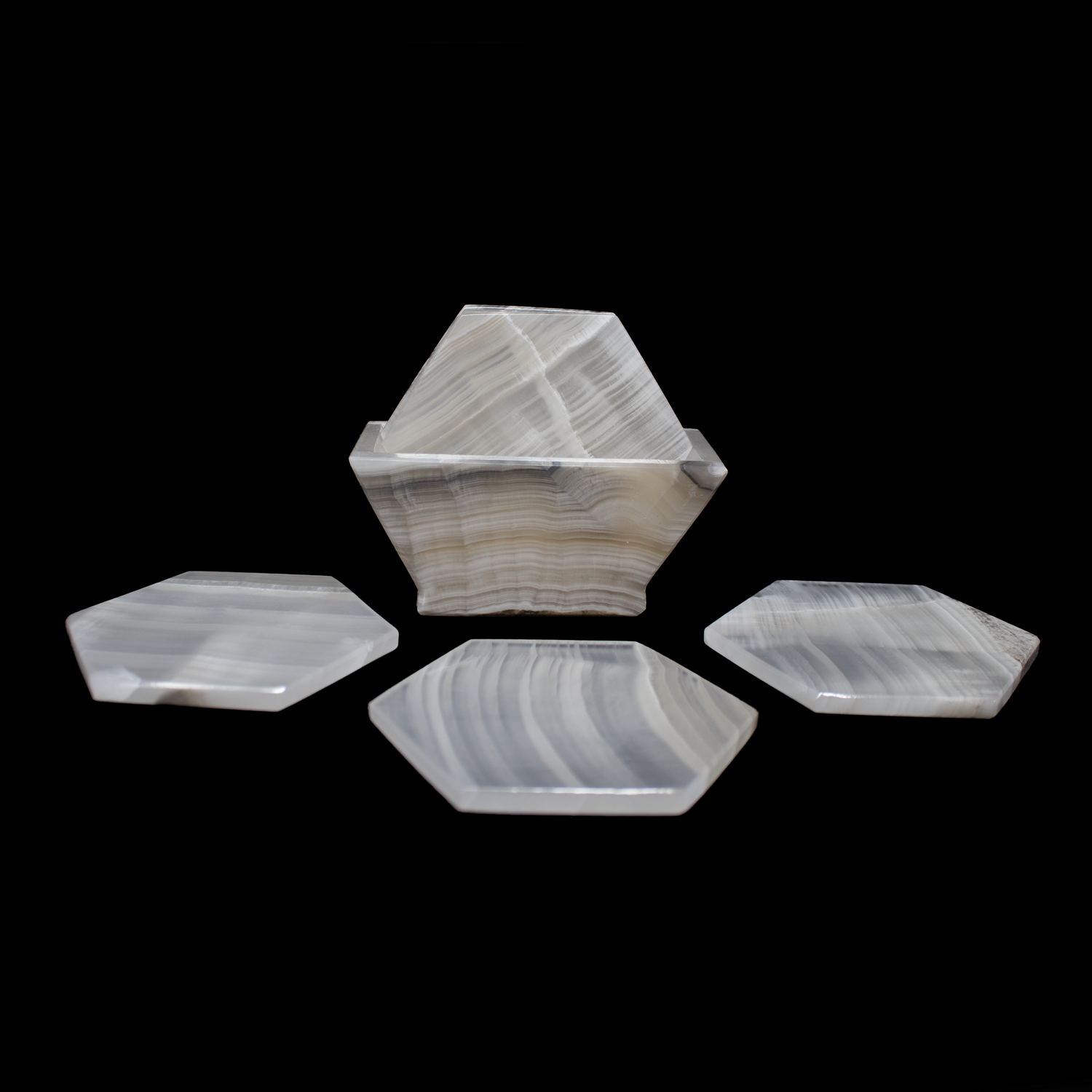 Banded Pearlescent Onyx Coasters - Set of 6 with Holder - Hexagons
