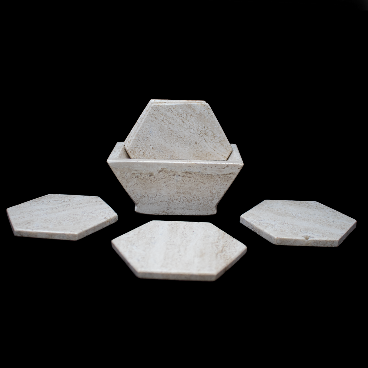 Beige Travertine Coasters - Set of 6 with Holder - Hexagons