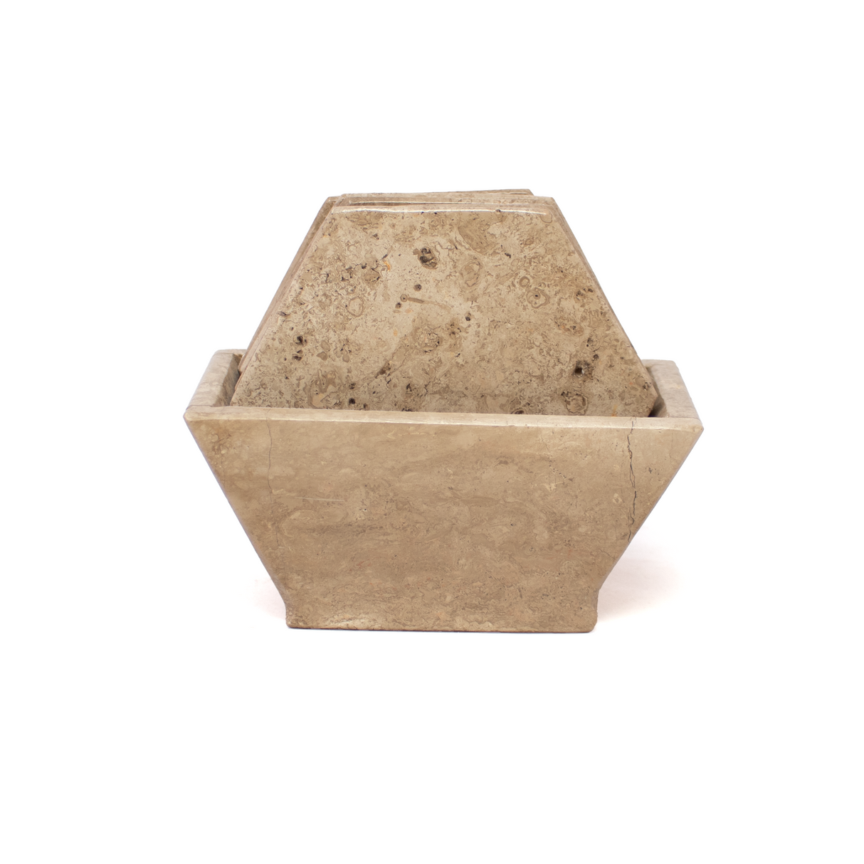 View of Cafe Travertine Coasters - Set of 6 with Holder - Hexagons