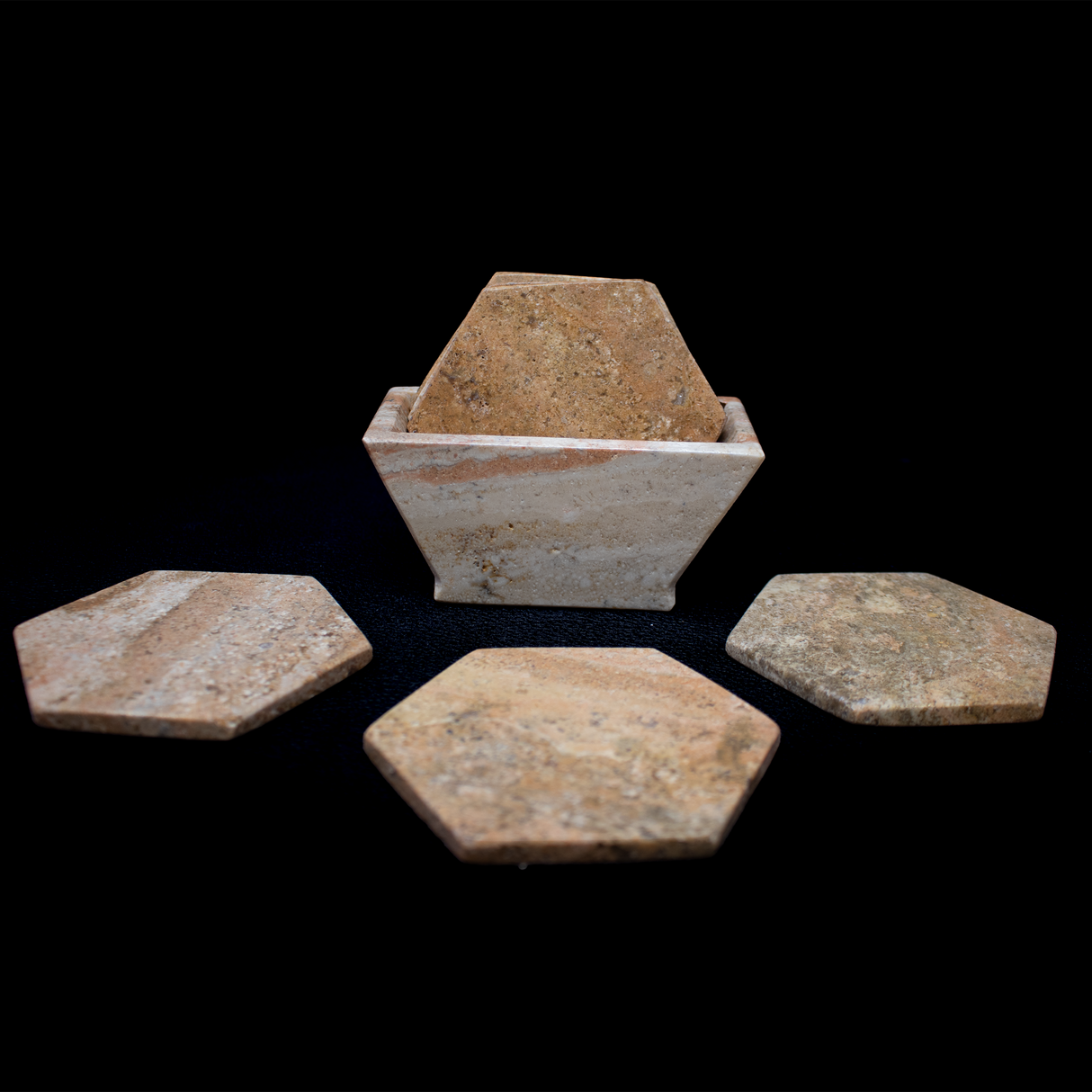 Carmel Travertine Onyx Coasters - Set of 6 with Holder - Hexagons