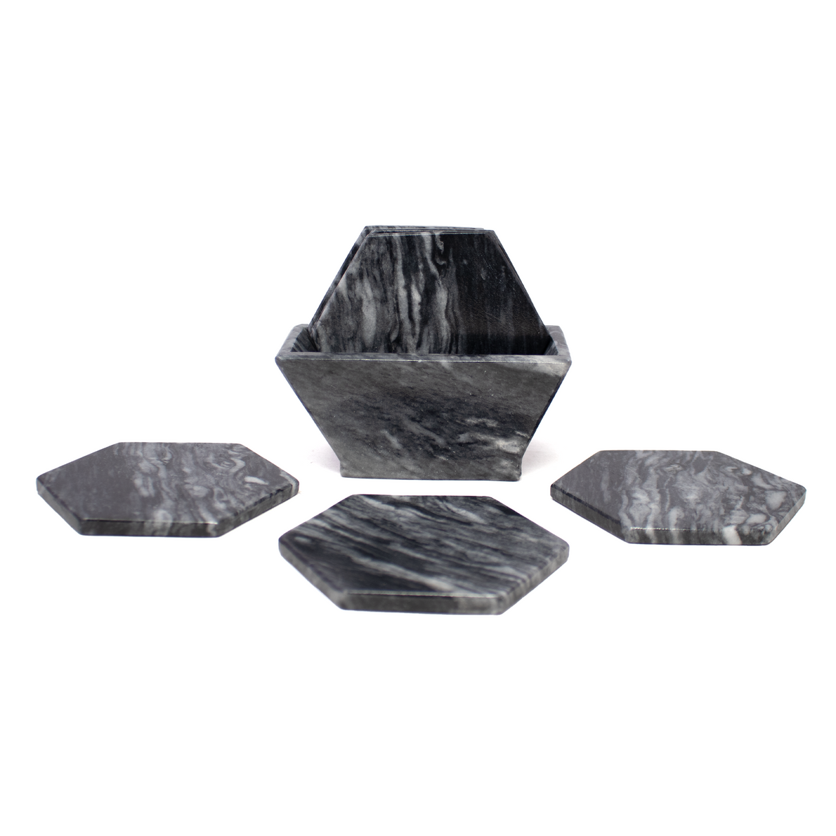 Gray Marble Coasters - Set of 6 with Holder - Hexagons