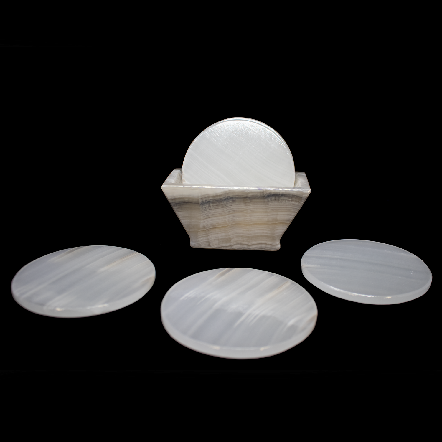 Banded Pearlescent Onyx Coasters - Set of 6 with Holder - Rounds