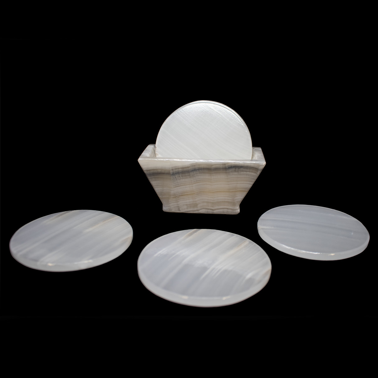 Banded Pearlescent Onyx Coasters - Set of 6 with Holder - Rounds